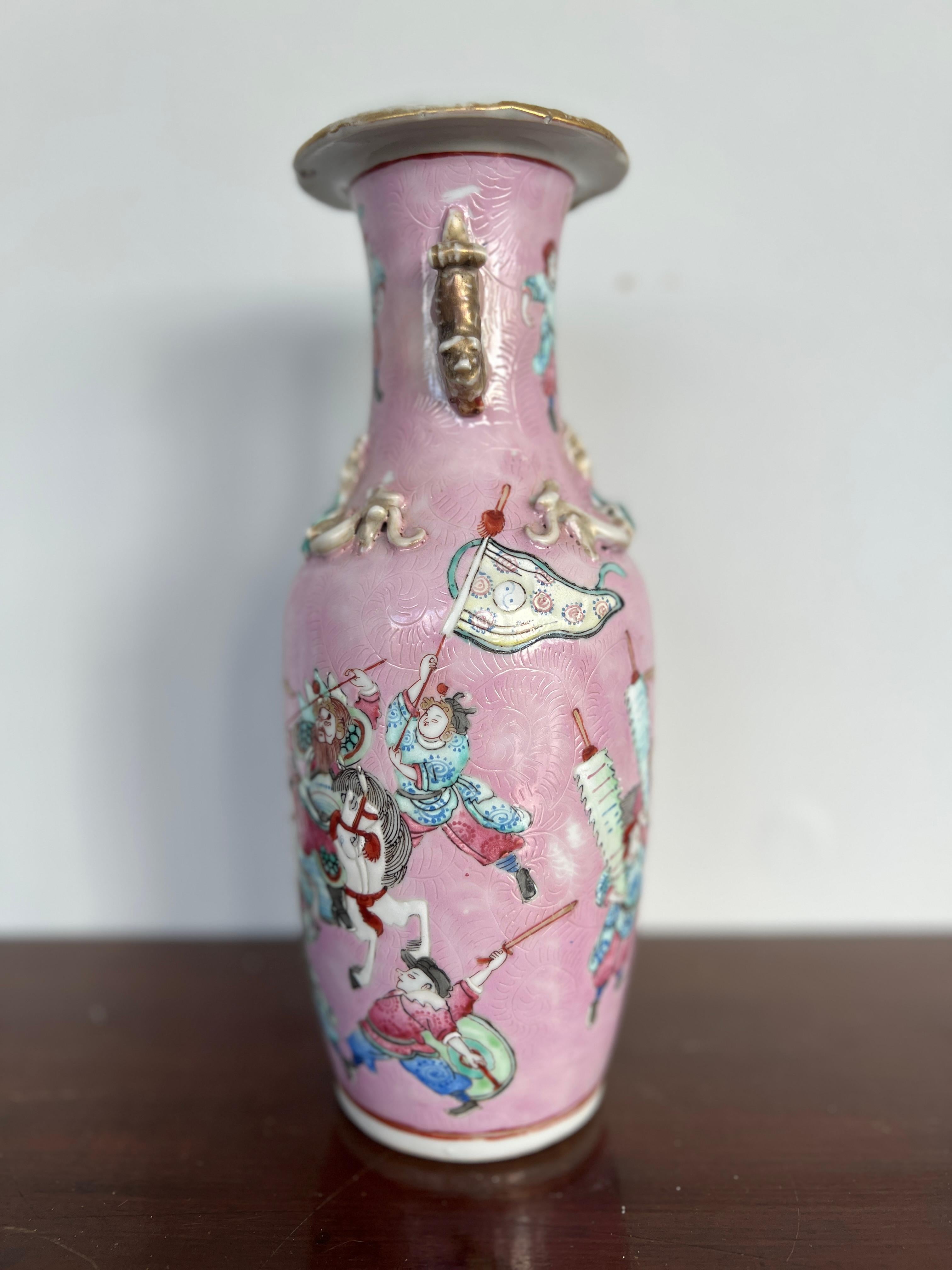 19th C., Qing Dynasty Chinese Porcelain Famille Rose Pink Ground Warrior Vase For Sale 2