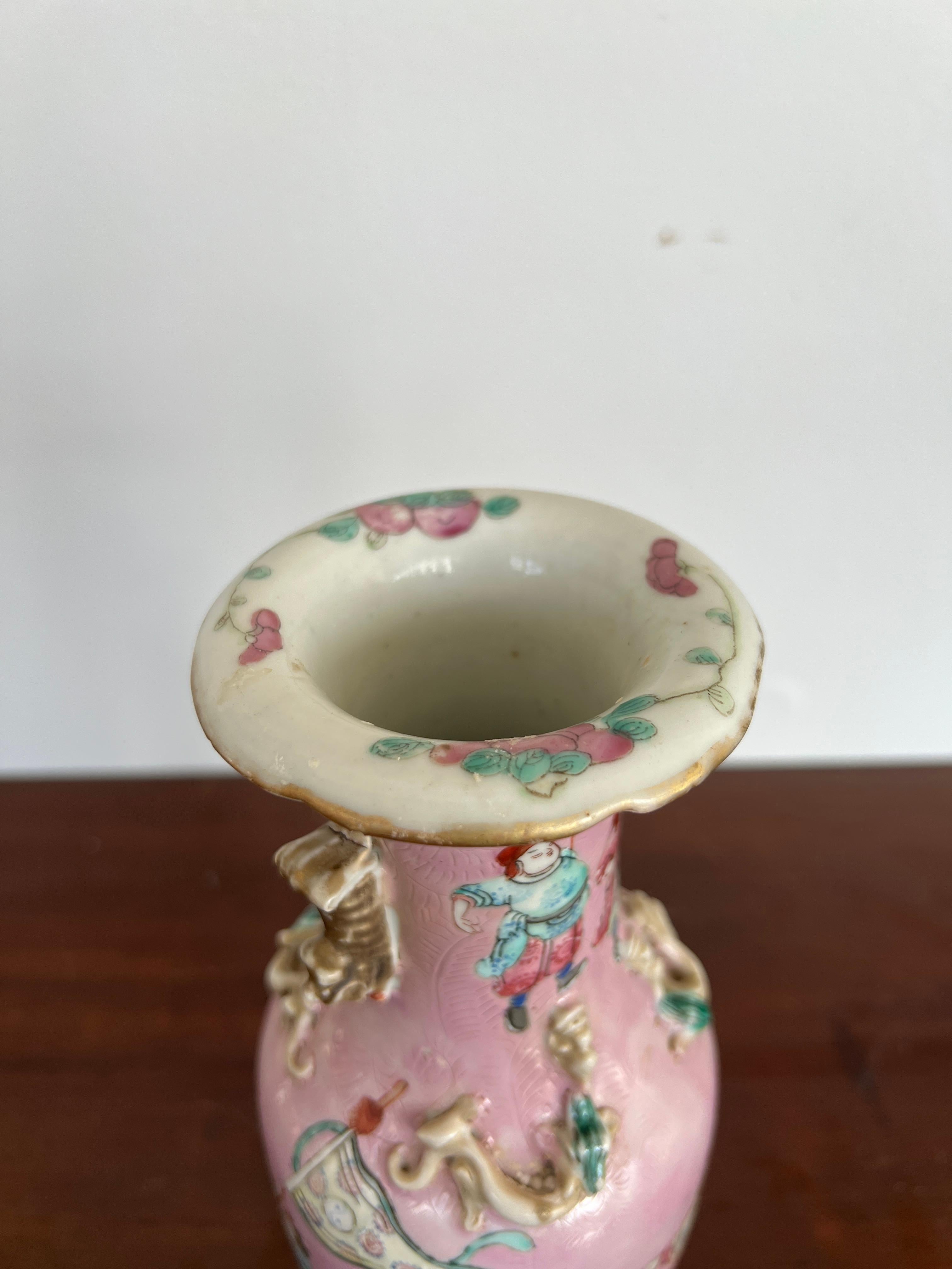 19th C., Qing Dynasty Chinese Porcelain Famille Rose Pink Ground Warrior Vase For Sale 3