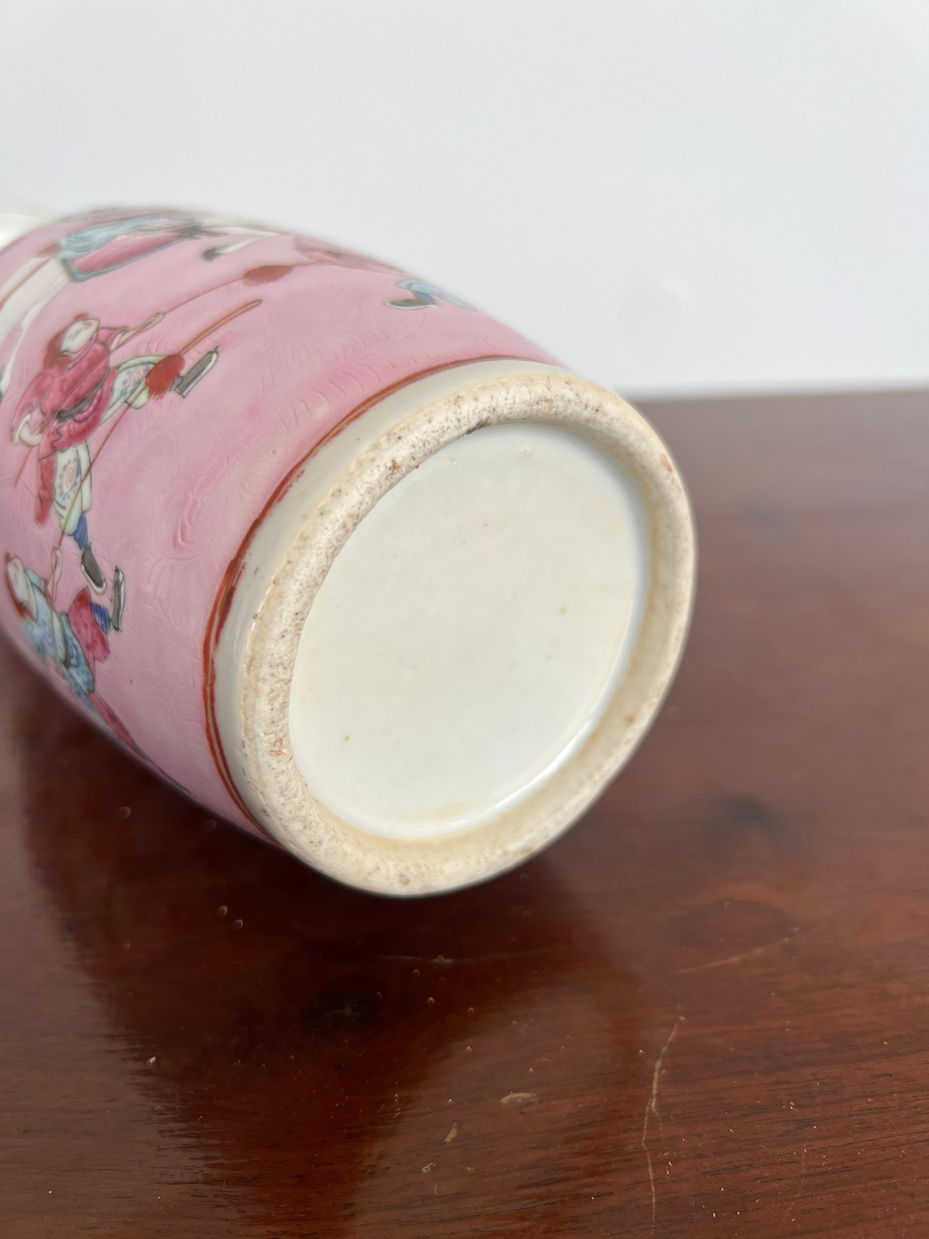 19th C., Qing Dynasty Chinese Porcelain Famille Rose Pink Ground Warrior Vase For Sale 4