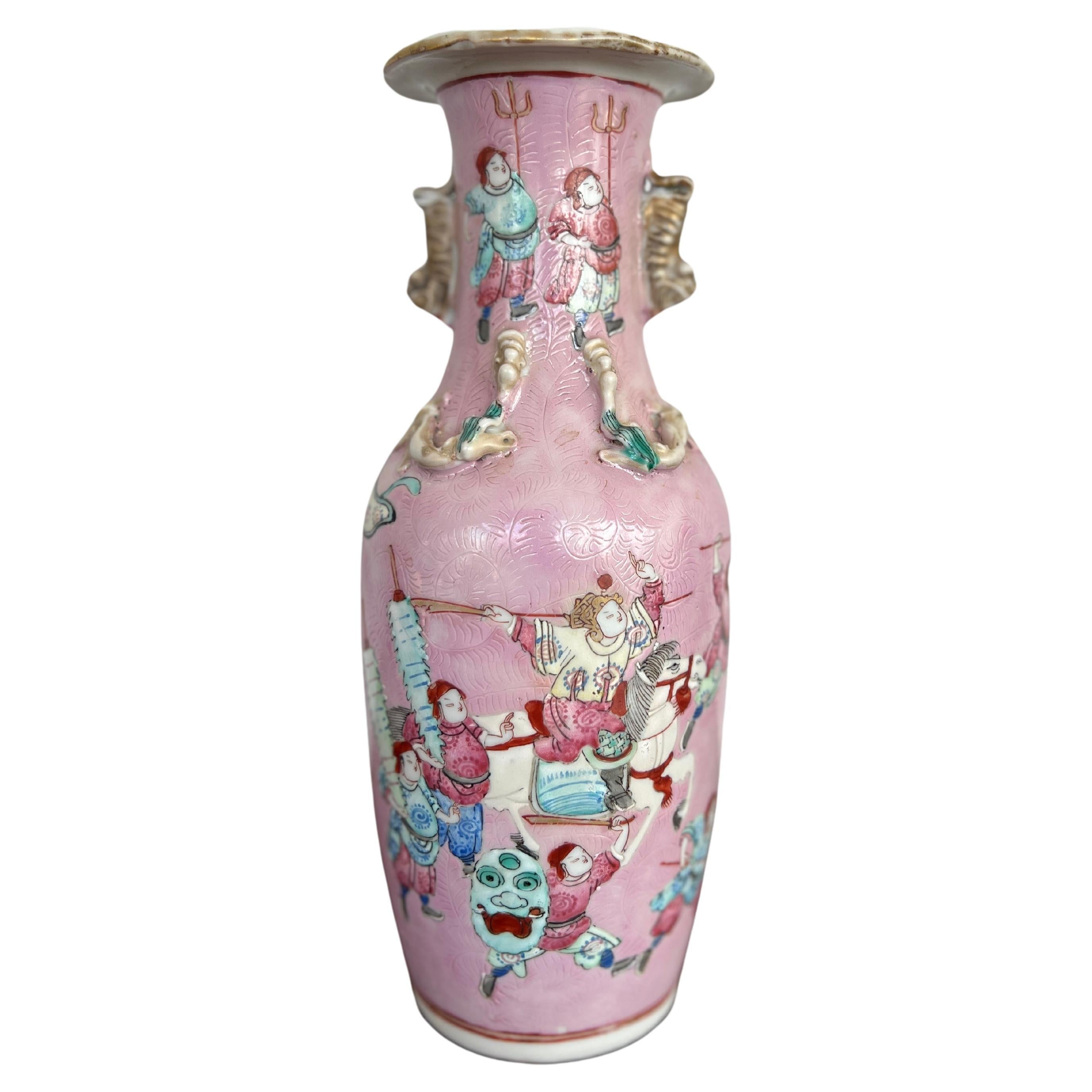 19th C., Qing Dynasty Chinese Porcelain Famille Rose Pink Ground Warrior Vase For Sale