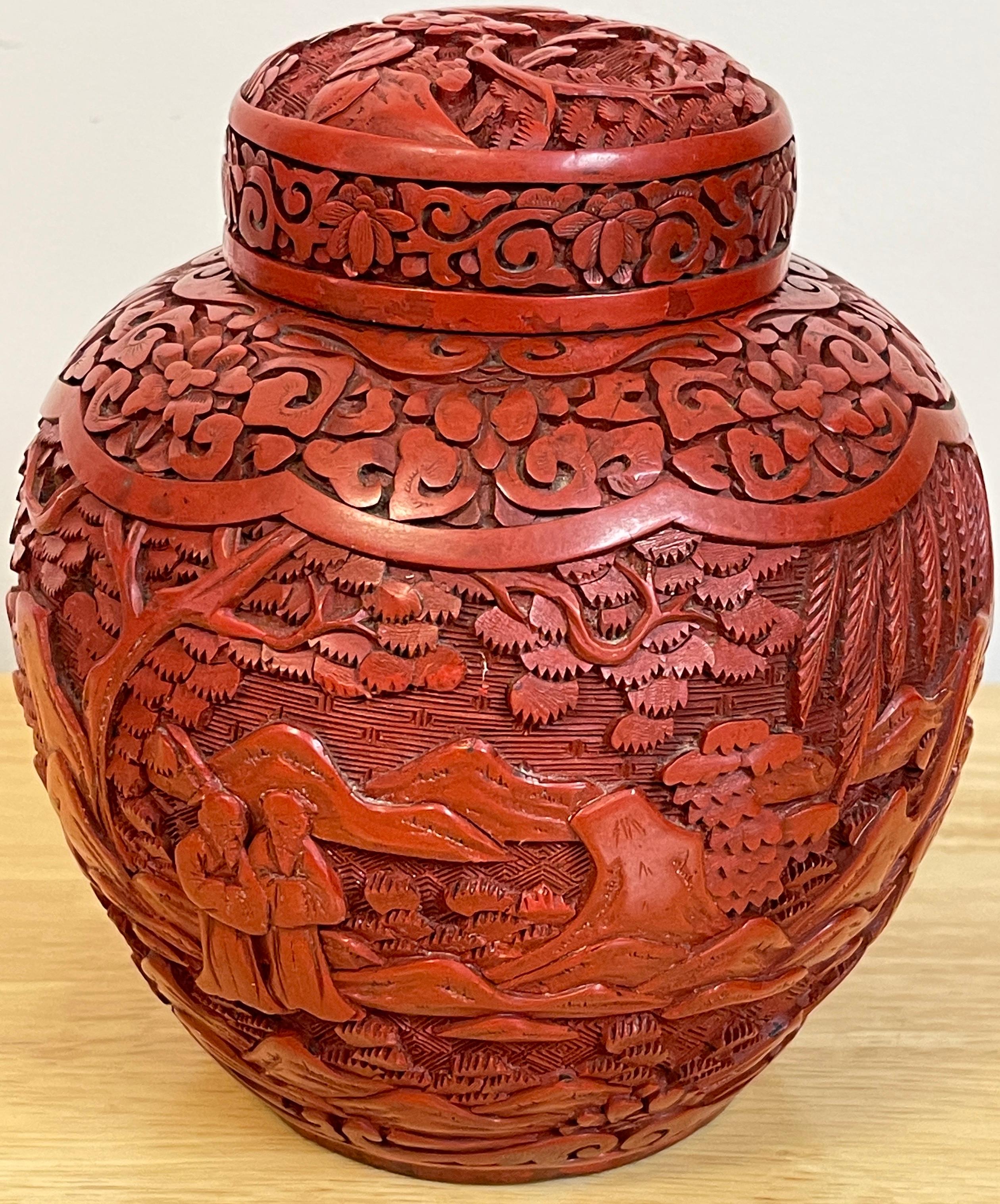 Post Qing Dynasty Cinnabar Ingwer Jar & Stand im Angebot 2