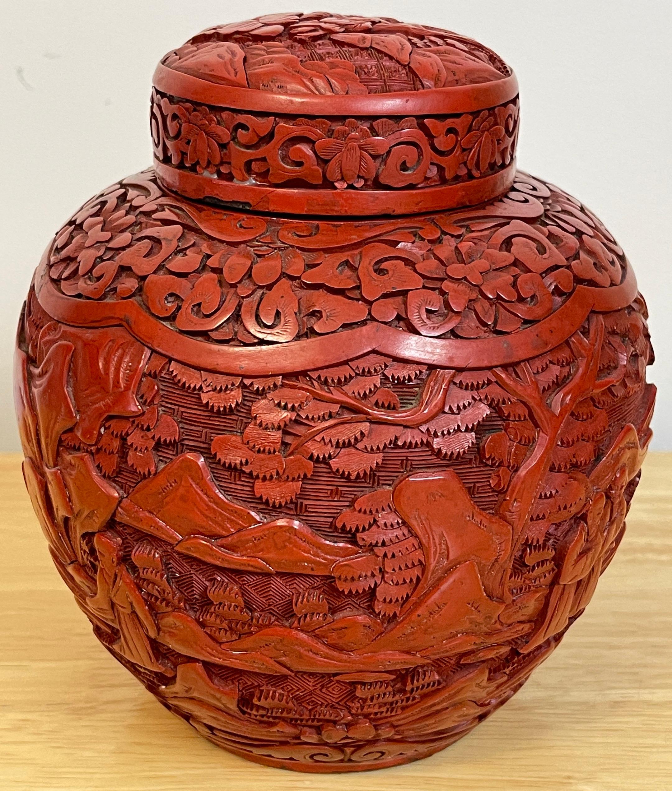 Post Qing Dynasty Cinnabar Ingwer Jar & Stand im Angebot 4