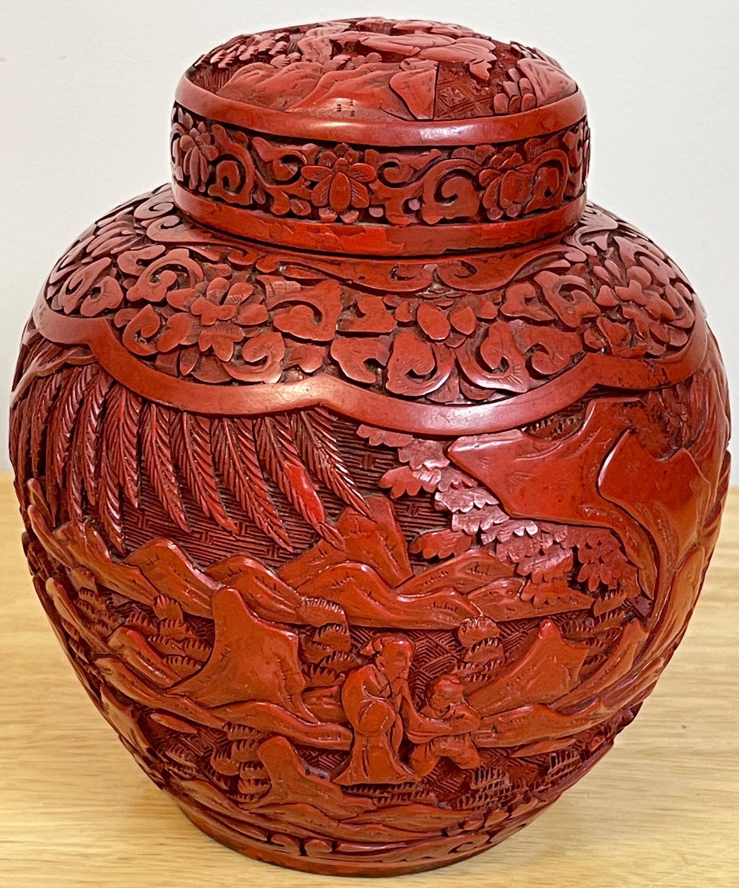 Post Qing Dynasty Cinnabar Ginger Jar & Stand In Good Condition For Sale In West Palm Beach, FL