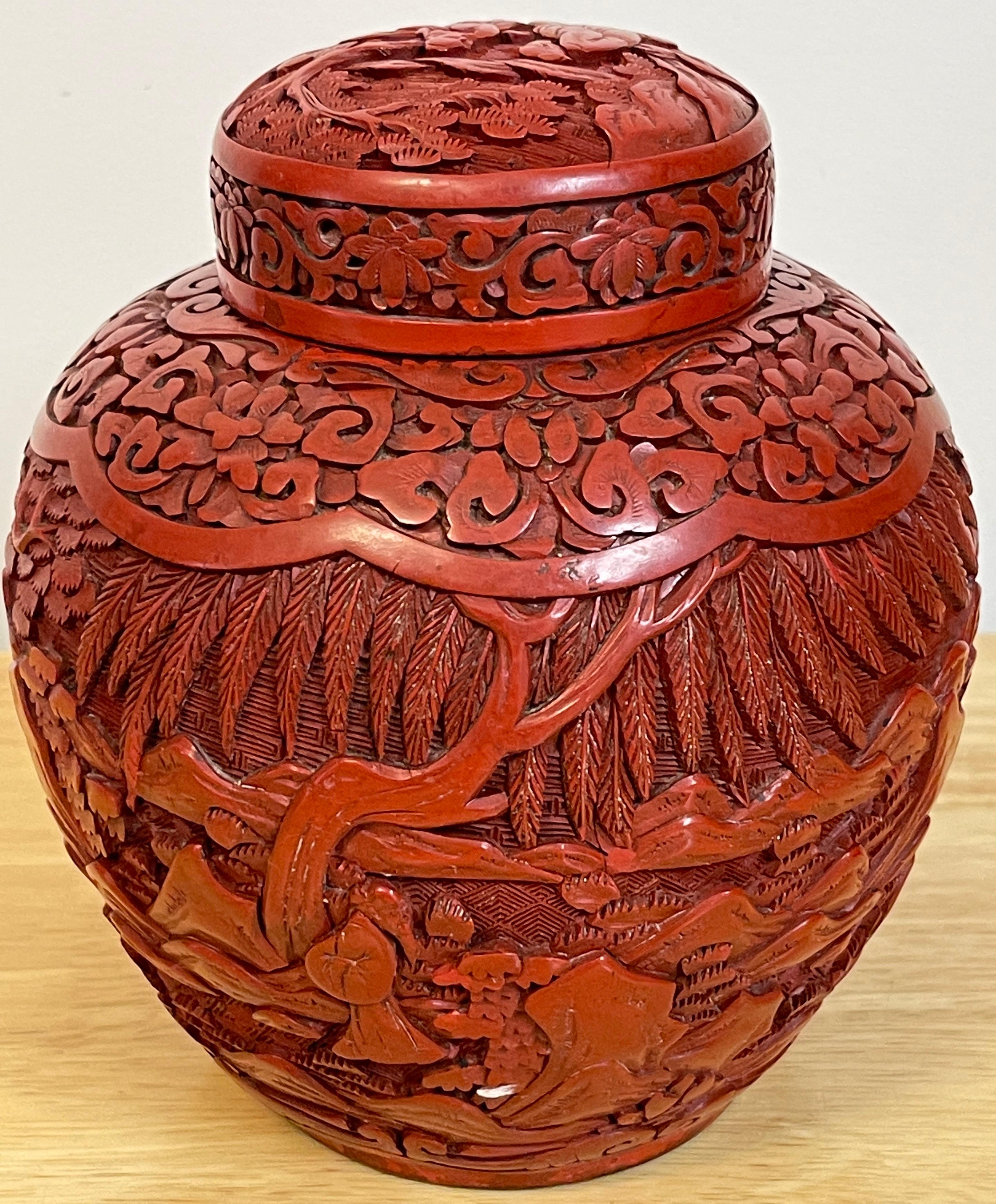 20th Century Post Qing Dynasty Cinnabar Ginger Jar & Stand For Sale