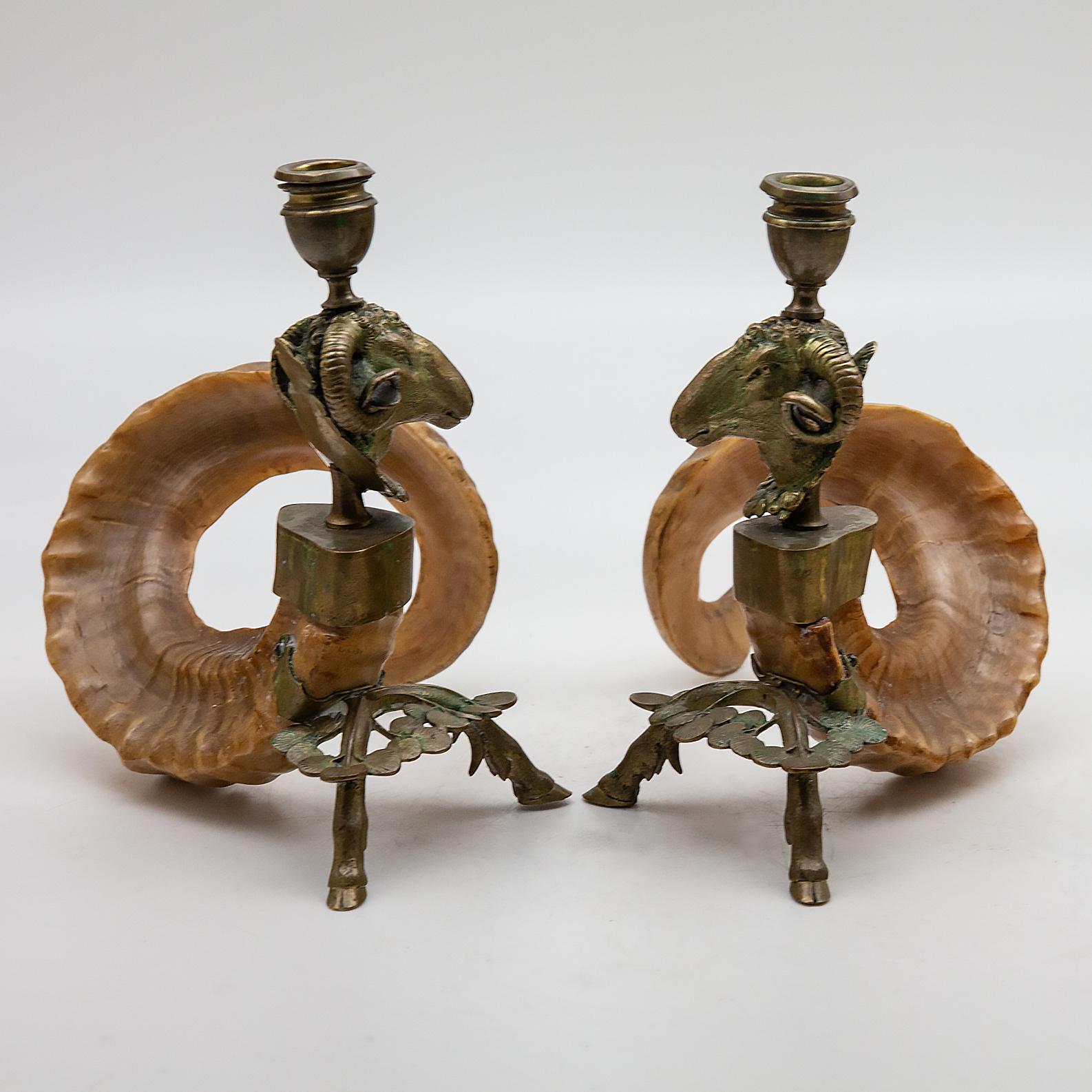 Brass 19th Century Ram's Head and Horn Candlesticks
