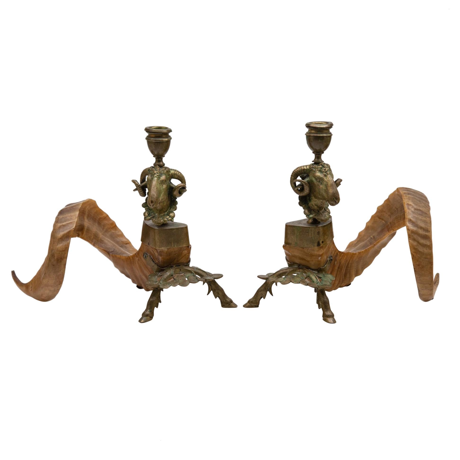 19th Century Ram's Head and Horn Candlesticks