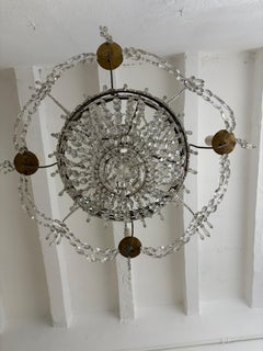 19th c Rare Crystal Beaded Empire Chandelier French Hand Tied Oval Prisms, c1850