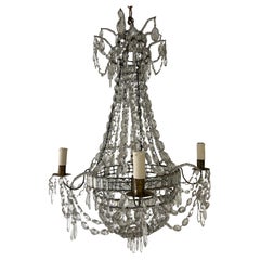 19th c Rare Crystal Beaded Empire Chandelier French Hand Tied Oval Prisms, c1850