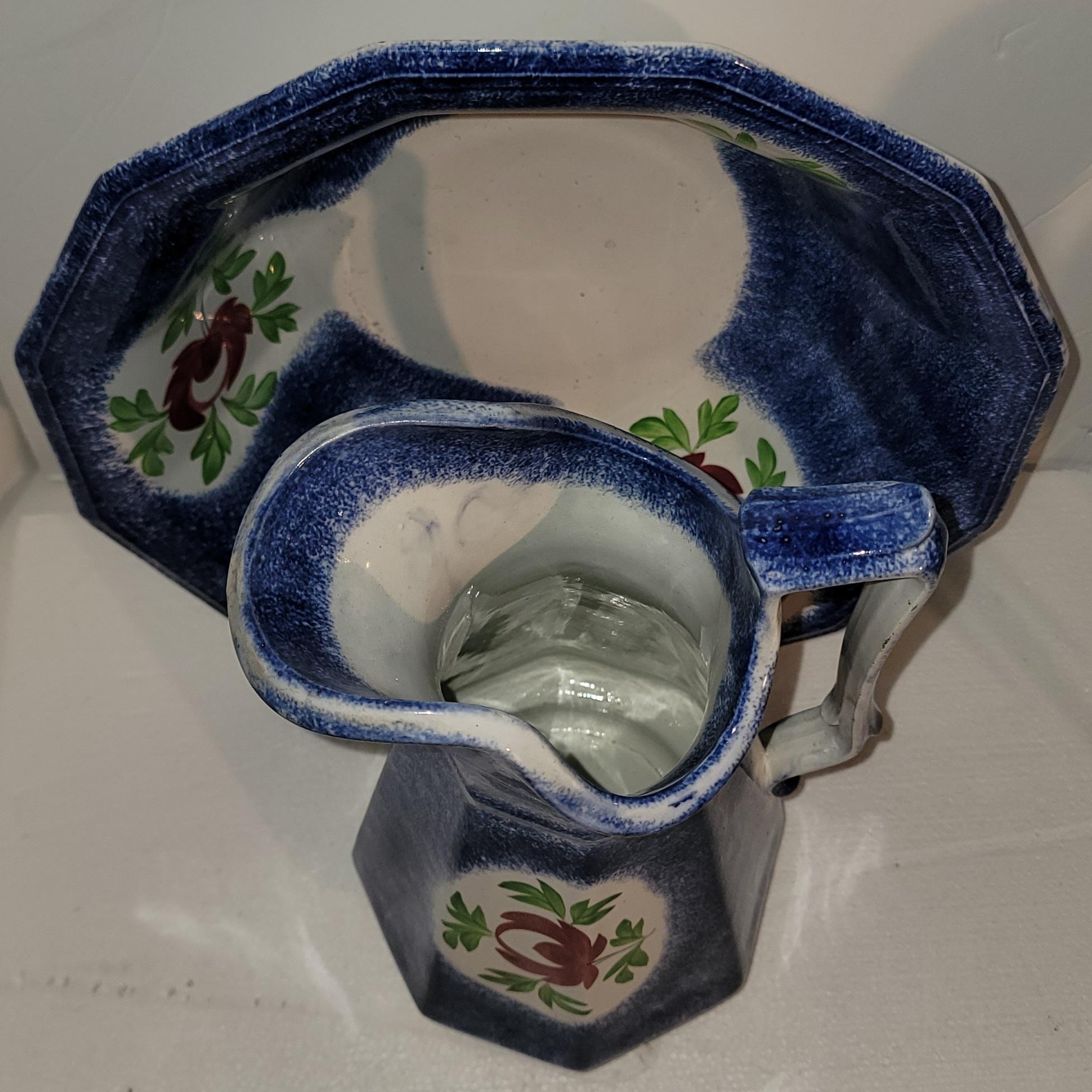 Porcelain 19th C Rare Spatter Ware Wash Bowl & Set For Sale