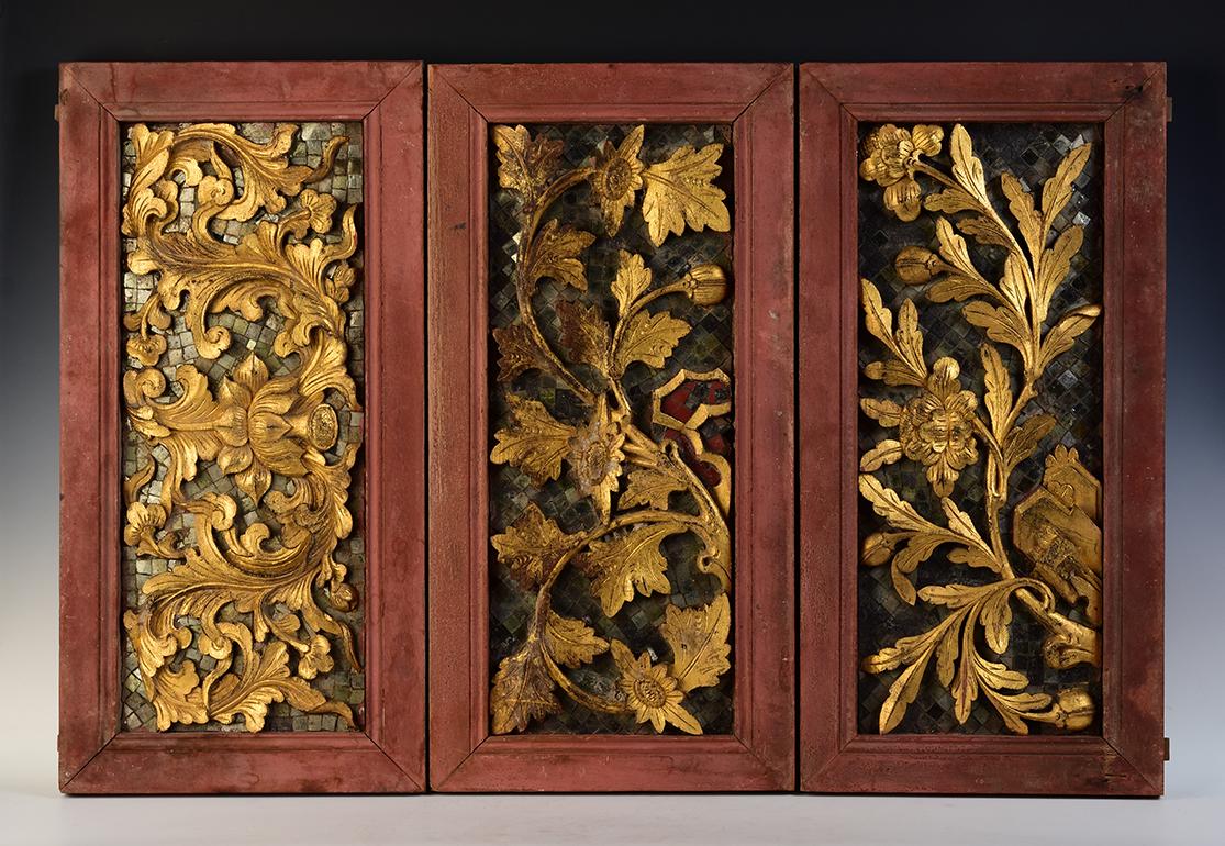 A set of antique Thai wood carving panels with flower.

Age: Thailand, Rattanakosin Period, 19th Century
Size per panel: Height 61.5 C.M. / Width 30.7 C.M. / Thickness 3.6 C.M.
Size for all: Height 61.5 C.M. / Width 92.1 C.M.
Condition: Nice