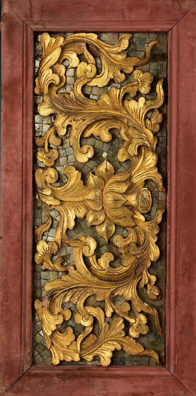 Hand-Carved 19th C., Rattanakosin, A Set of Antique Thai Wood Carving Panels with Flower For Sale