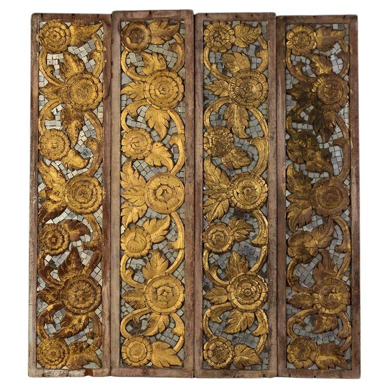 19th C., Rattanakosin, A Set of Antique Thai Wood Carving Panels with Flower For Sale