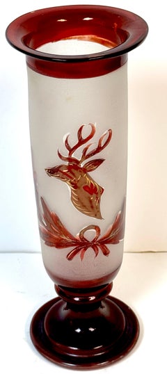19th C. Red Bohemian 8-Point Stag Hunt Motif Trumpet Vase