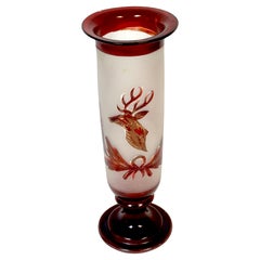 Antique 19th C. Red Bohemian 8-Point Stag Hunt Motif Trumpet Vase