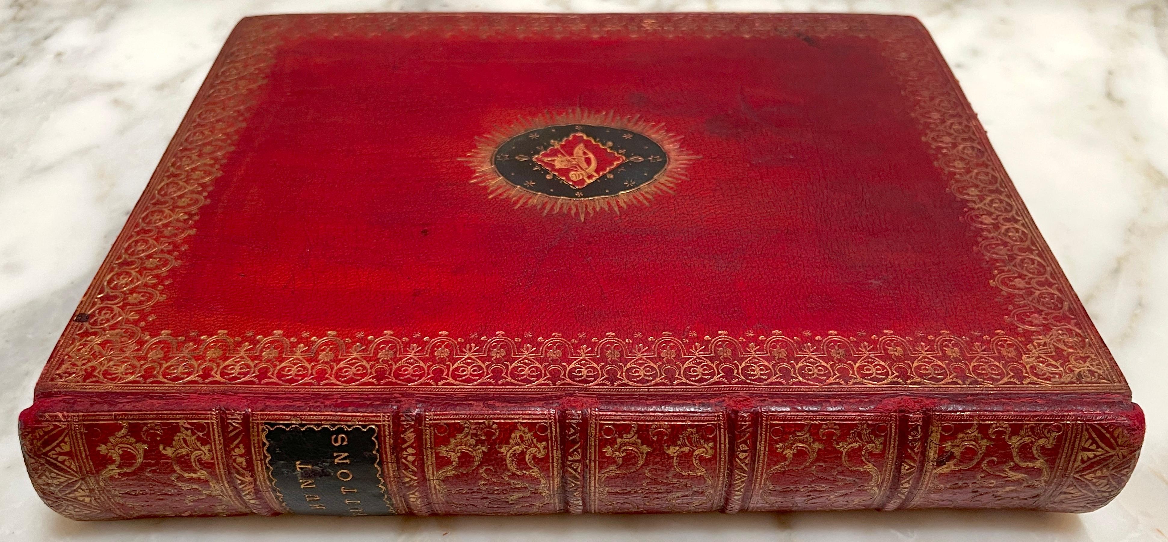Rotes geprägtes Ledergefäß „Faux / Dummy“-Bücherschachtel mit Knöpfen aus dem 19. Jahrhundert  4