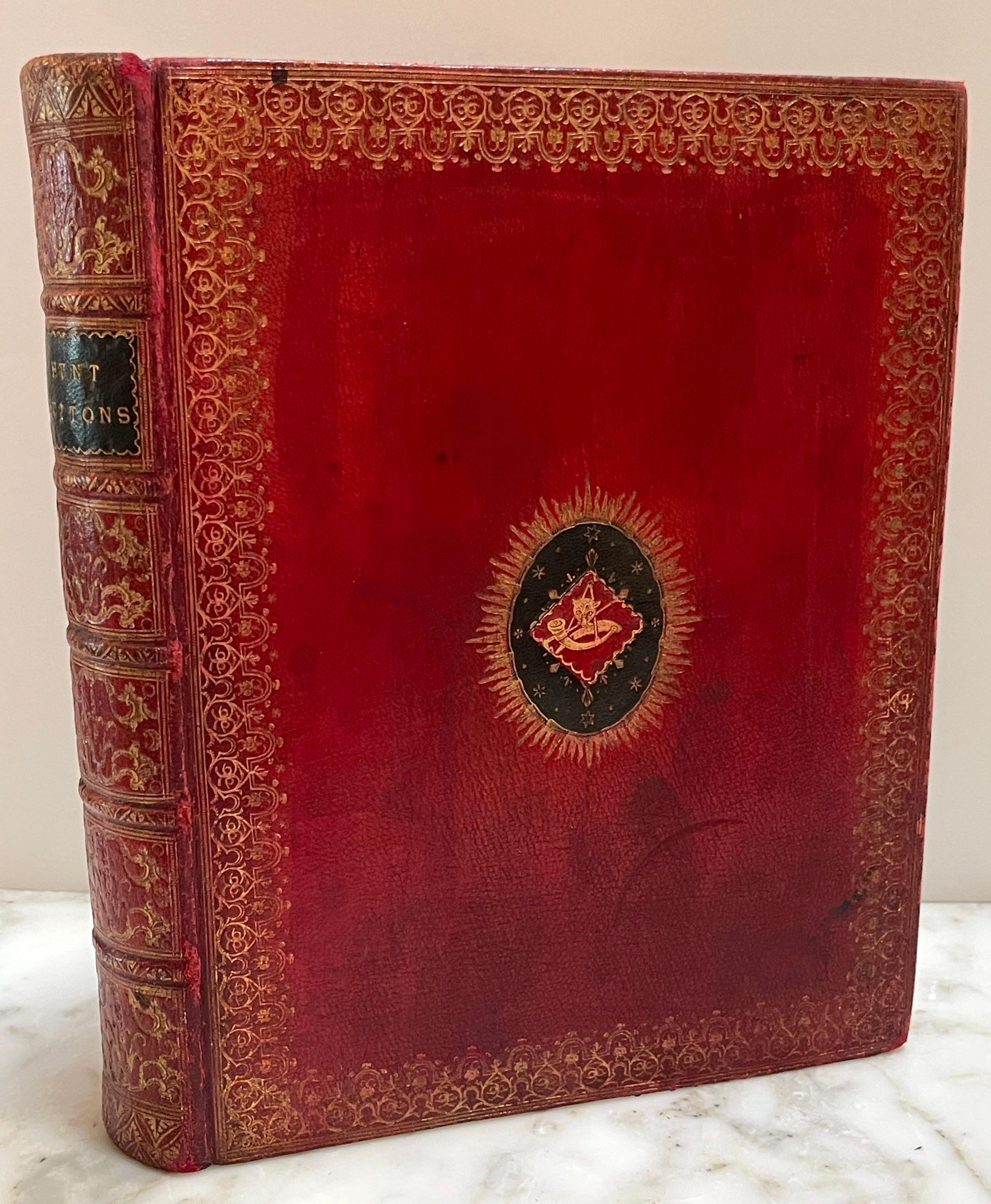Neoclassical 19th C. Red Embossed Leather Bound ' Faux / Dummy' Book Box 'Hunt Buttons' 