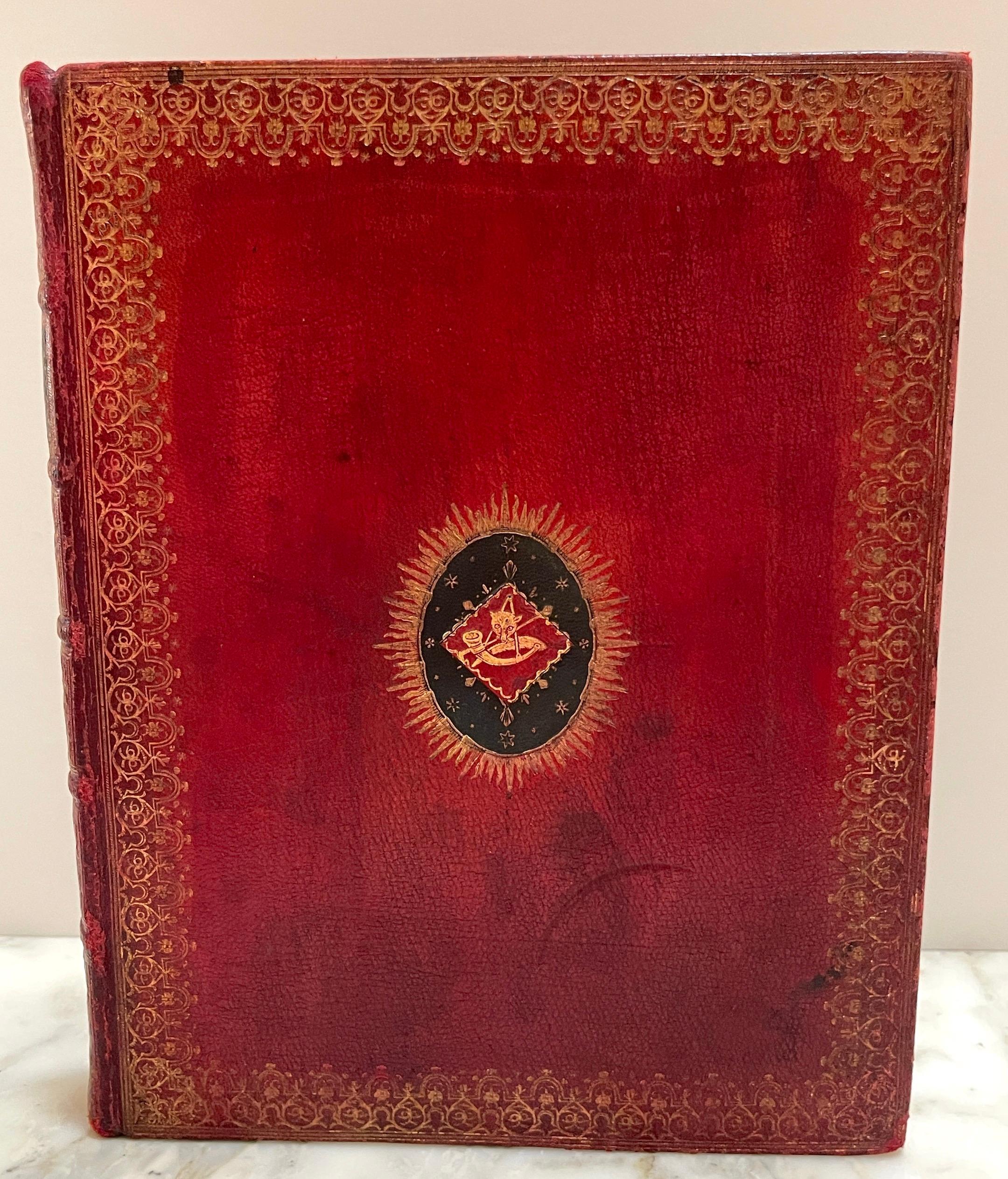 English 19th C. Red Embossed Leather Bound ' Faux / Dummy' Book Box 'Hunt Buttons' 