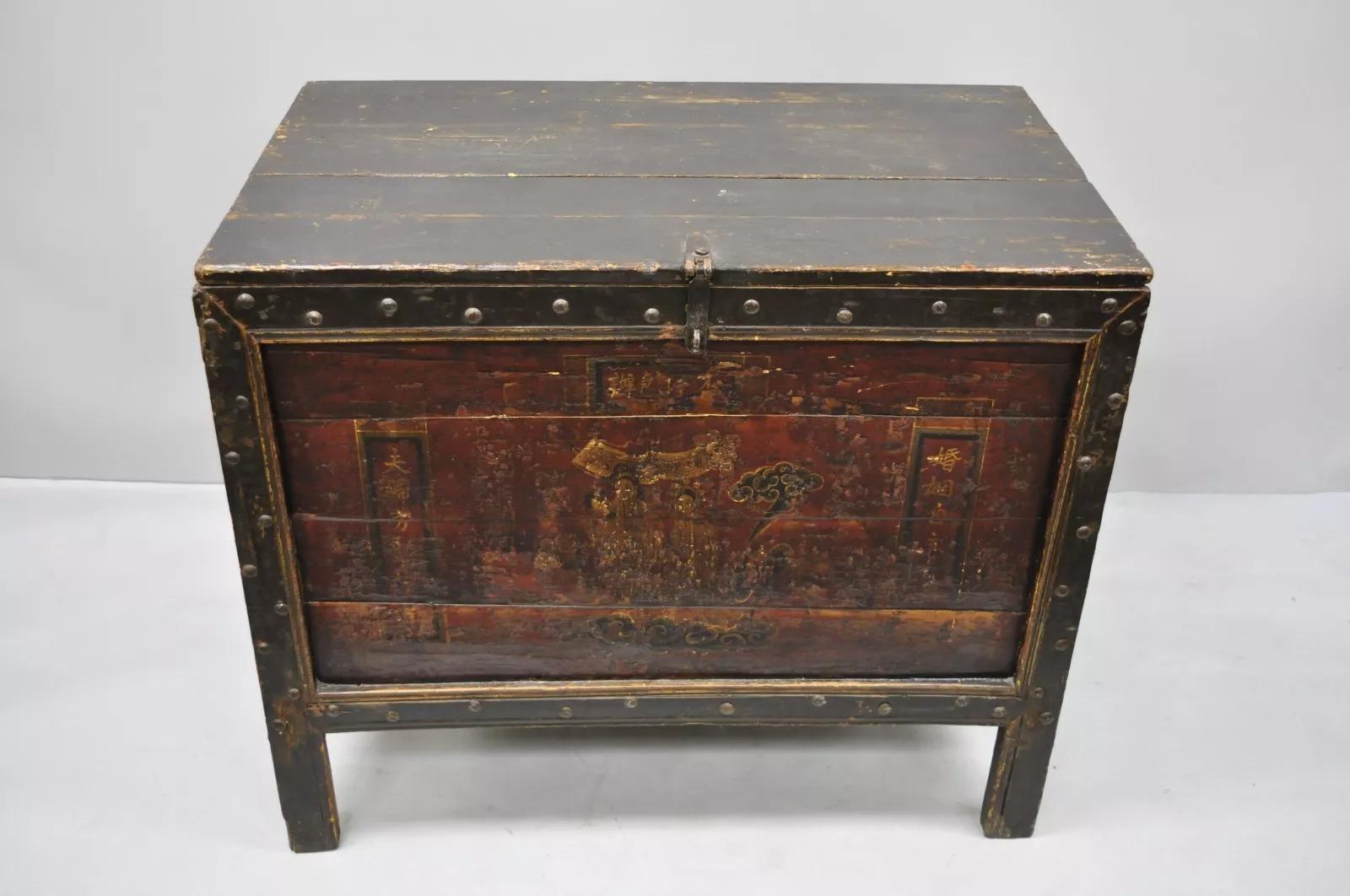 19th C Red Lacquer Asian Tibetan Mongolian Painted Wooden Trunk Chest Grain Bin For Sale 4