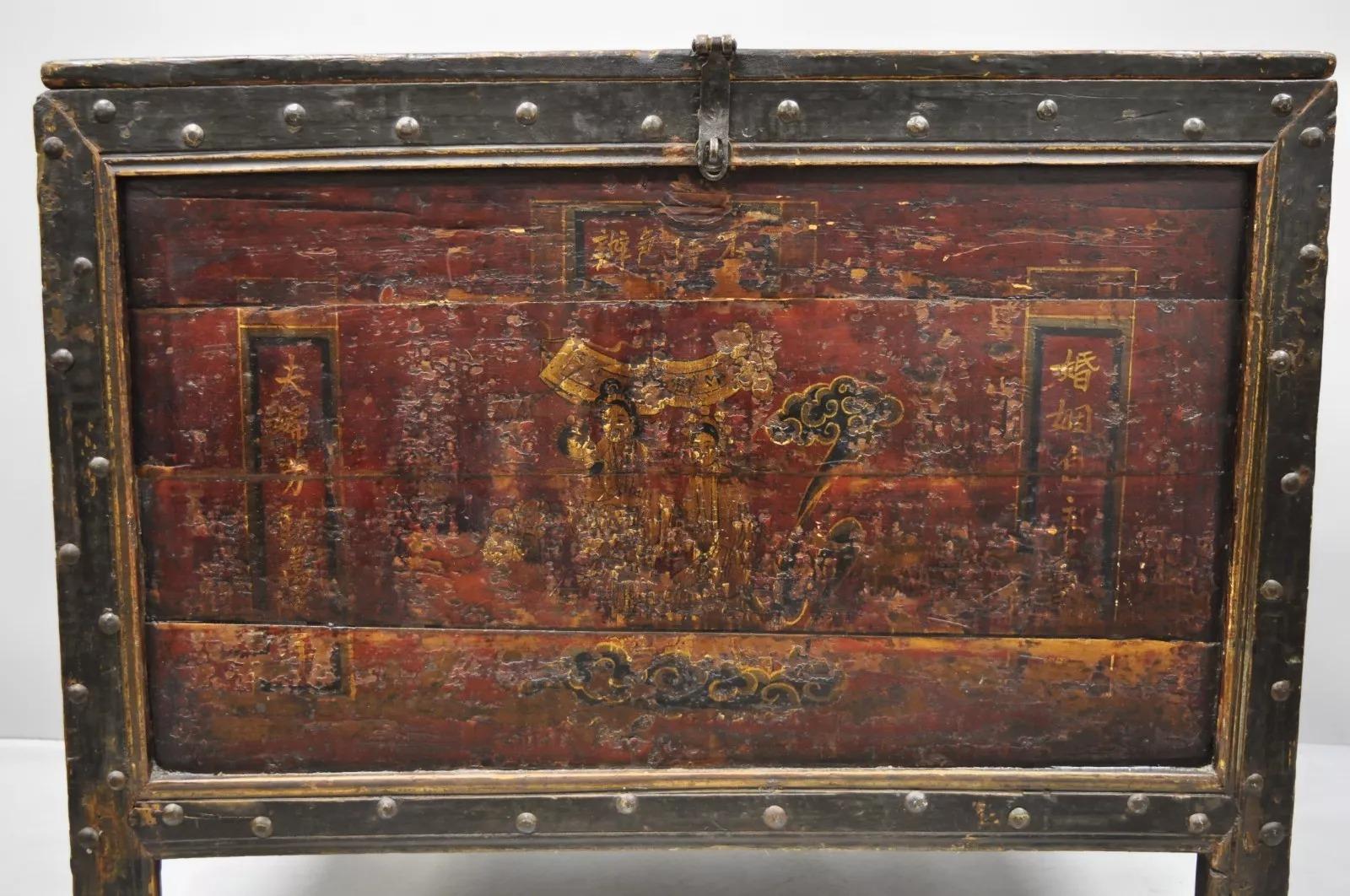 19th Century Red Lacquer Tibetan Mongolian Painted Asian Chest. Item features red lacquer, hand painted figural scene, lift off top, dovetailed joinery, cast iron hardware, solid wood construction, very unique antique item. Circa Late 19th Century.