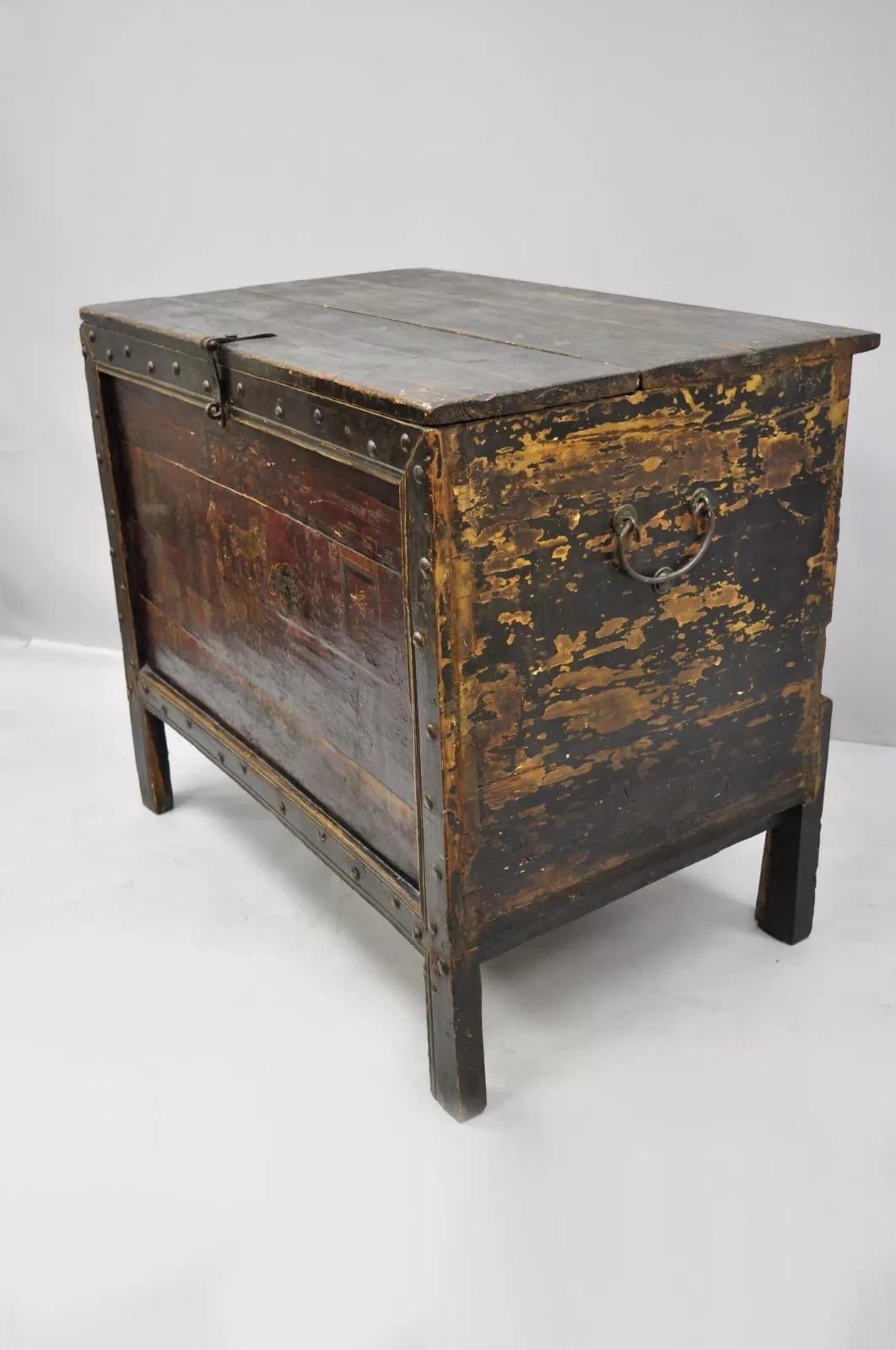 Other 19th C Red Lacquer Asian Tibetan Mongolian Painted Wooden Trunk Chest Grain Bin For Sale