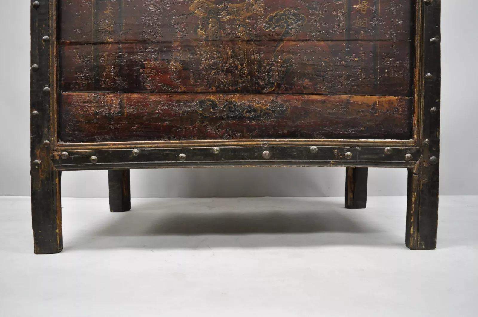 19th C Red Lacquer Asian Tibetan Mongolian Painted Wooden Trunk Chest Grain Bin For Sale 1