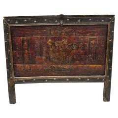 19th C Red Lacquer Asian Tibetan Mongolian Painted Wooden Trunk Chest Grain Bin