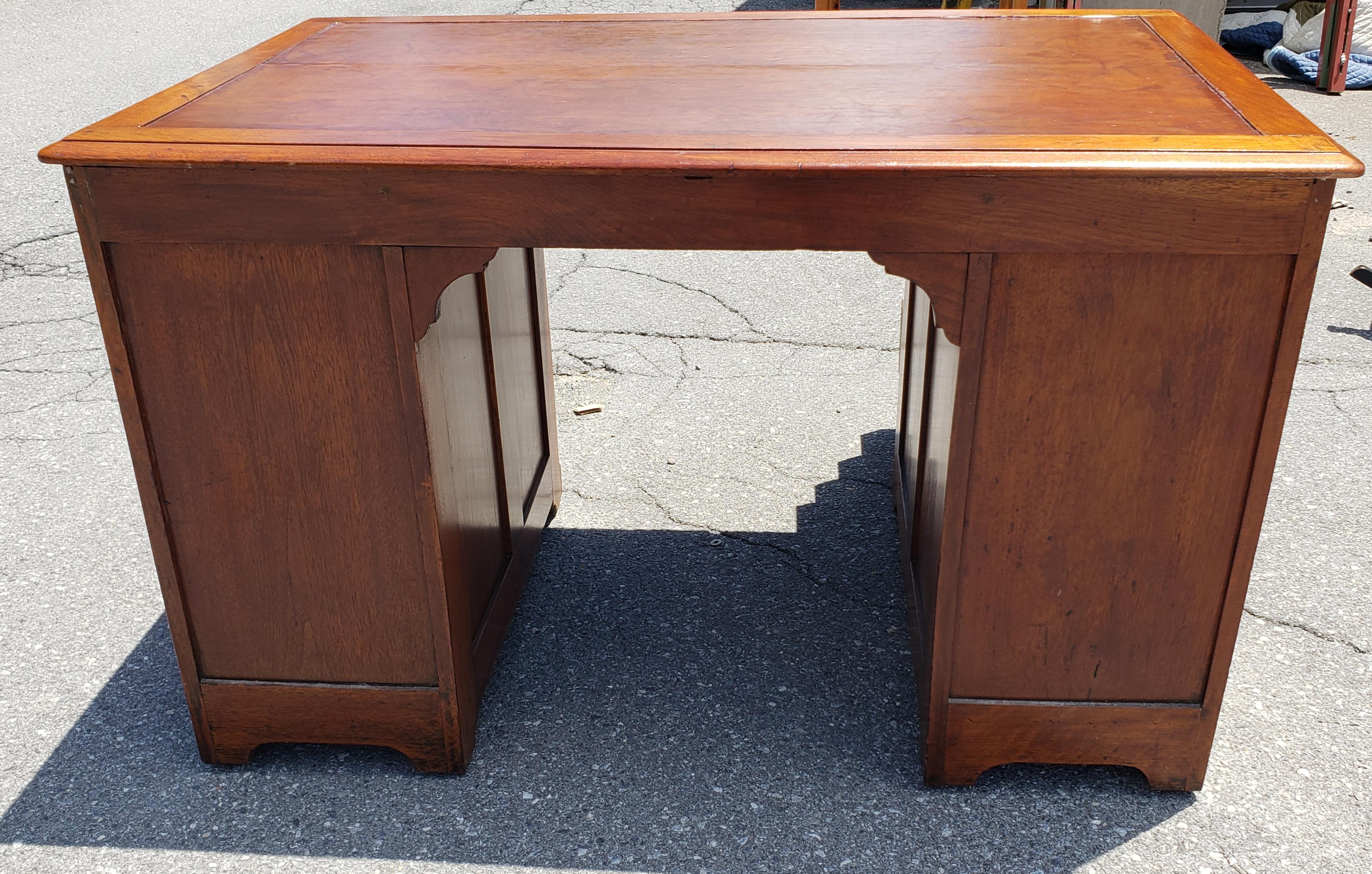 19th C. Refinished Regency Walnut and Maple w/ Tooled Leather Top Partners Desk For Sale 2
