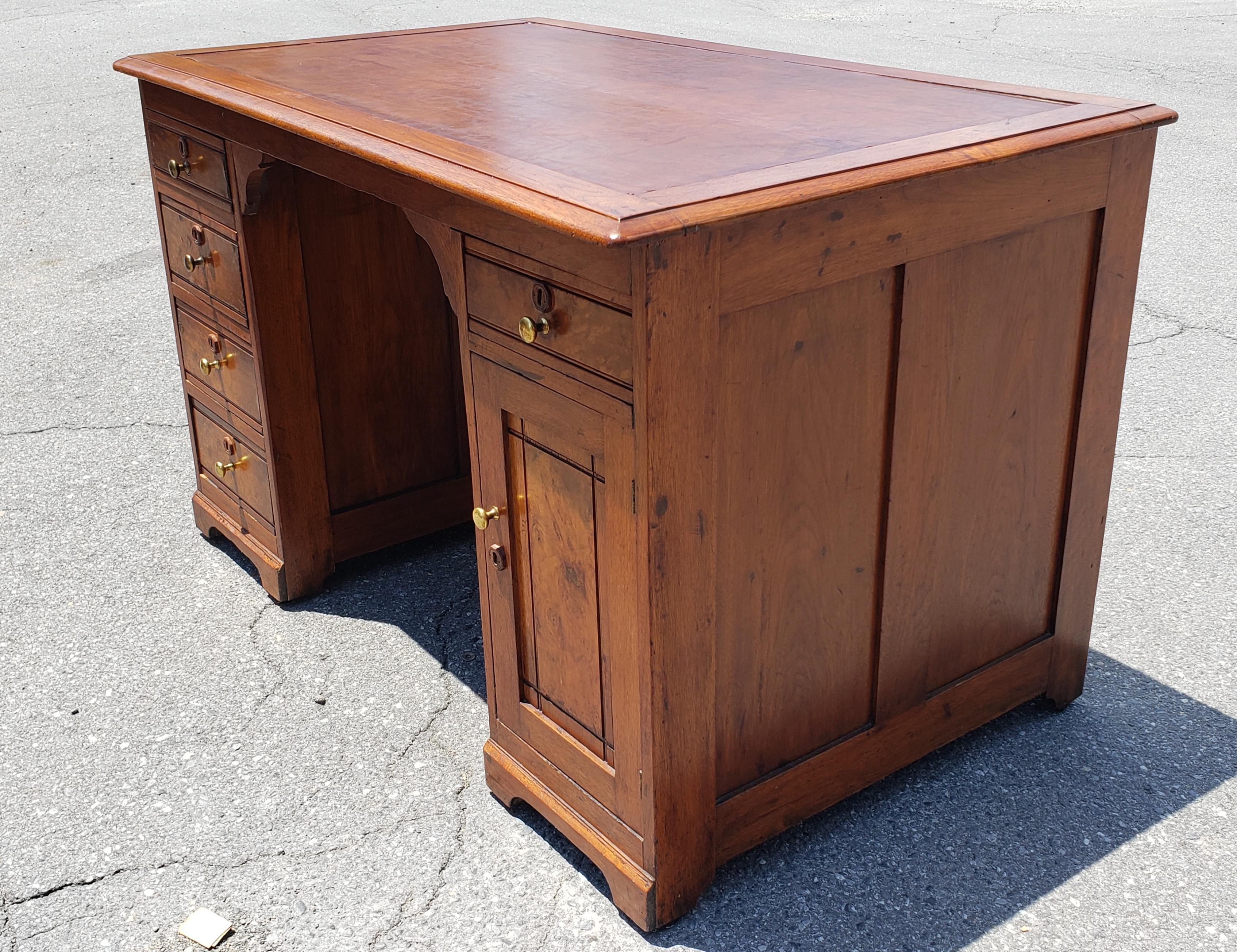 19th C. Refinished Regency Walnut and Maple w/ Tooled Leather Top Partners Desk For Sale 3