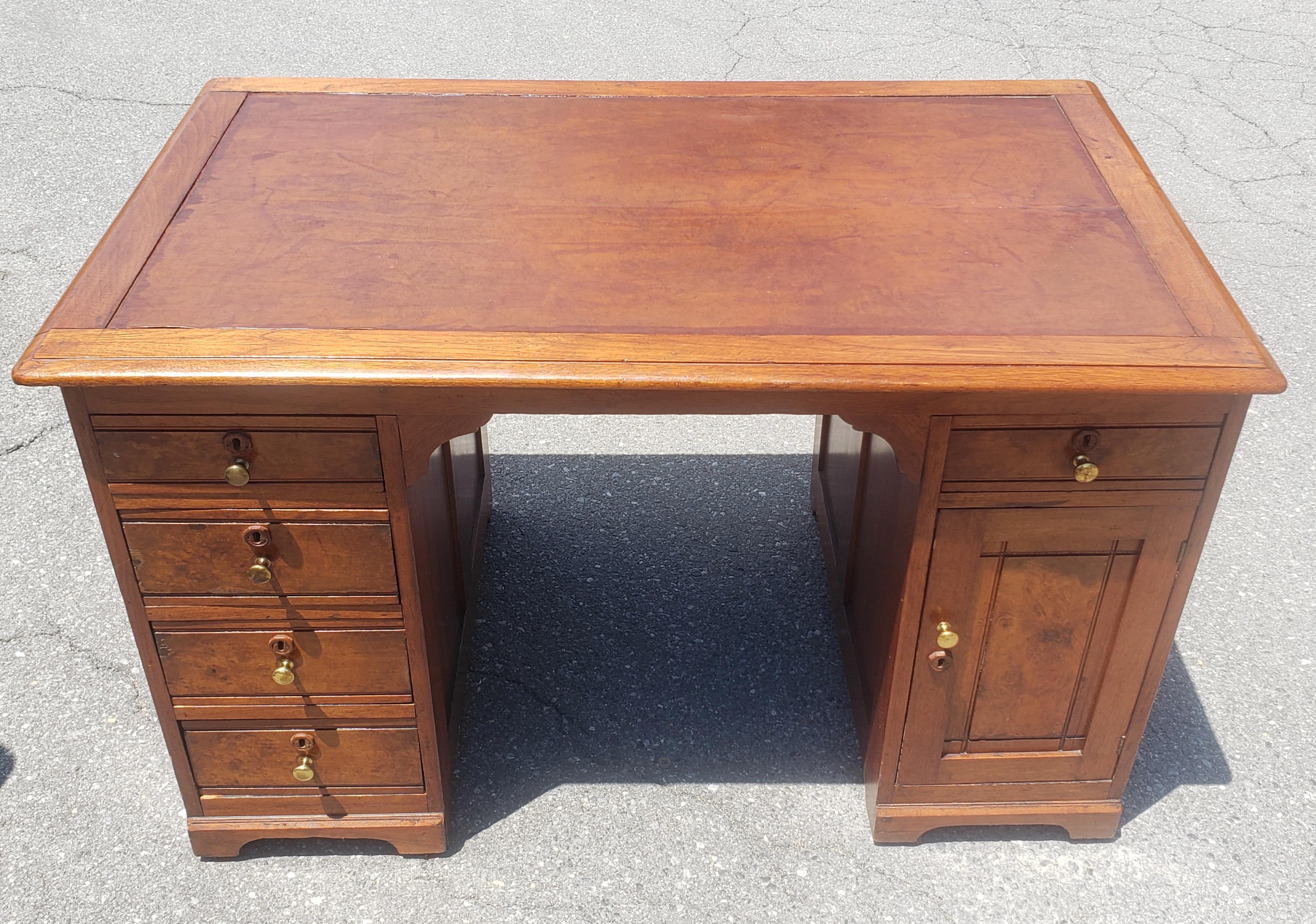 Edwardian 19th C. Refinished Regency Walnut and Maple w/ Tooled Leather Top Partners Desk For Sale