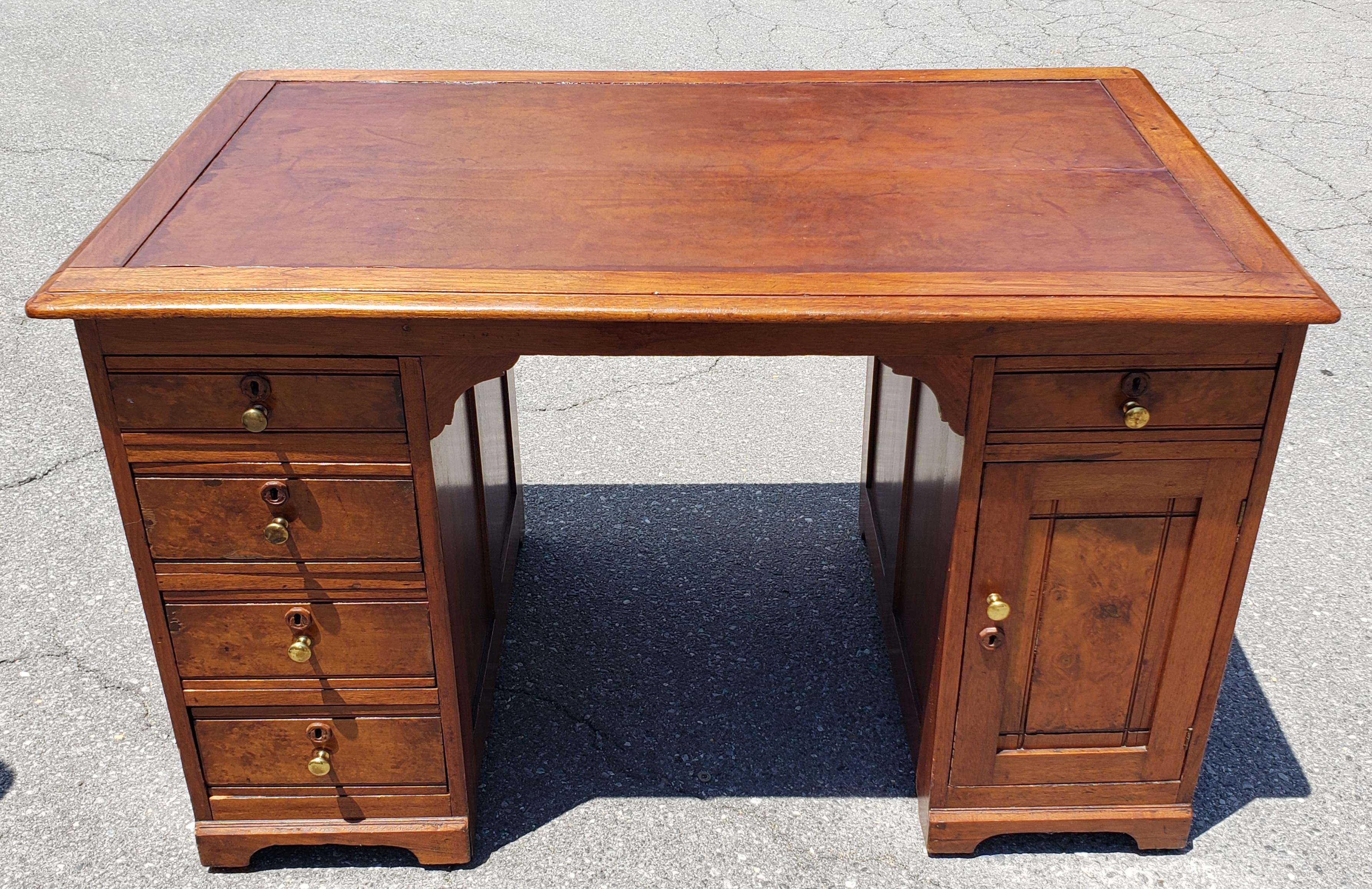 American 19th C. Refinished Regency Walnut and Maple w/ Tooled Leather Top Partners Desk For Sale
