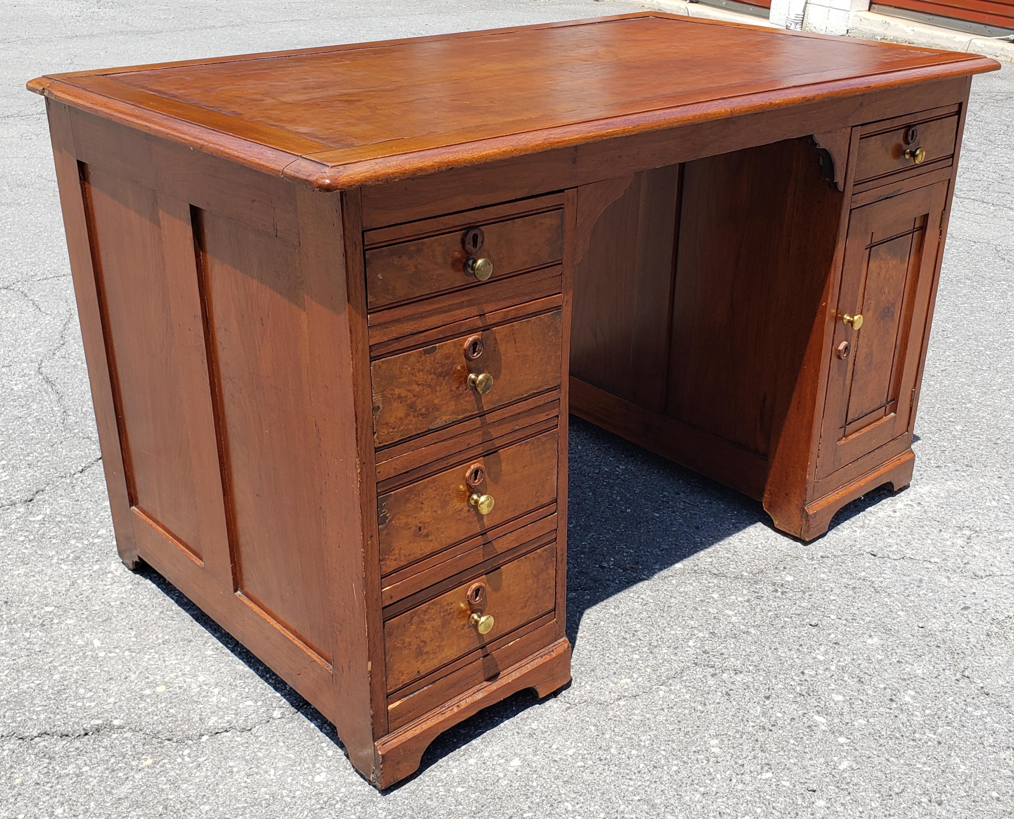 Hand-Crafted 19th C. Refinished Regency Walnut and Maple w/ Tooled Leather Top Partners Desk For Sale