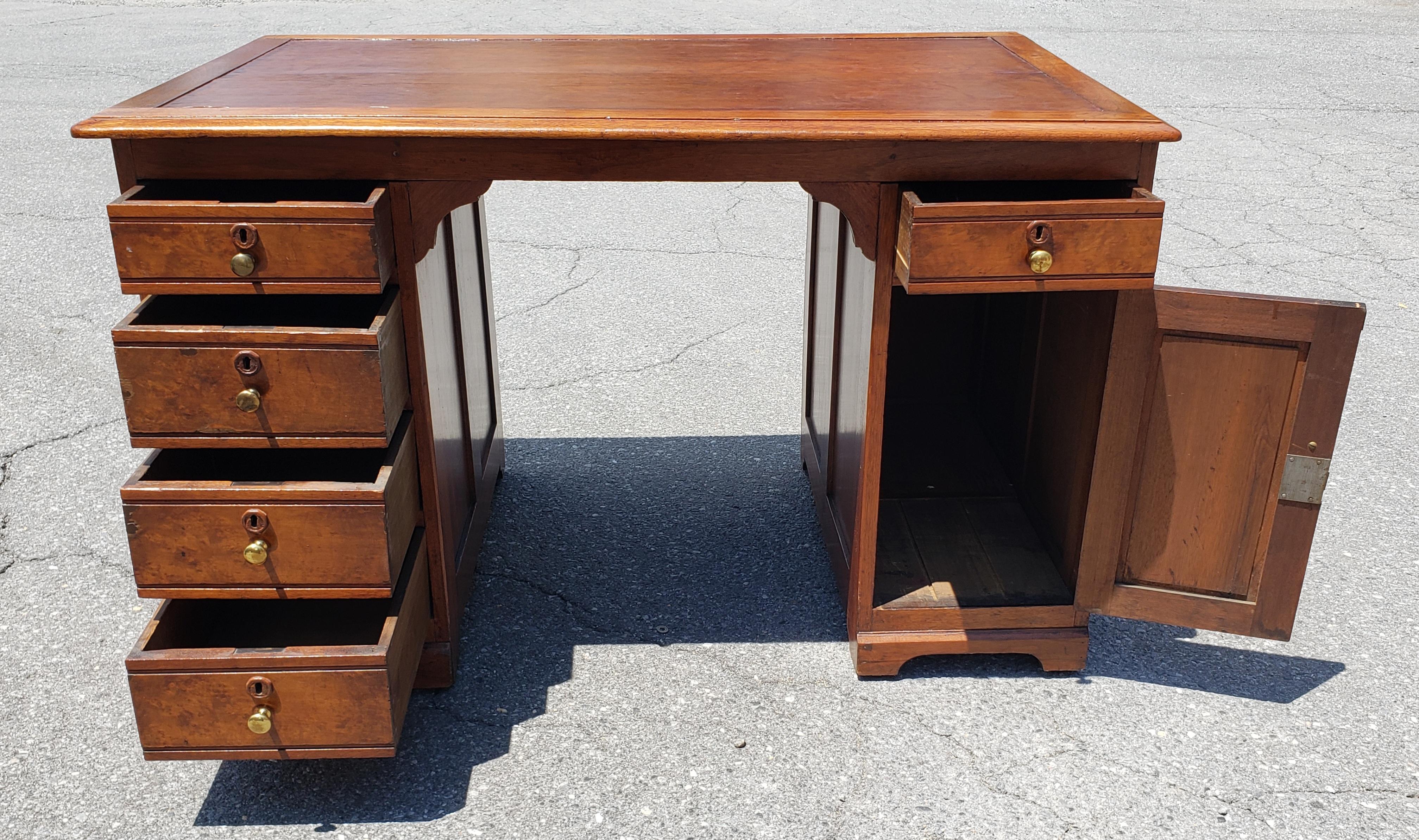 19th C. Refinished Regency Walnut and Maple w/ Tooled Leather Top Partners Desk In Good Condition For Sale In Germantown, MD