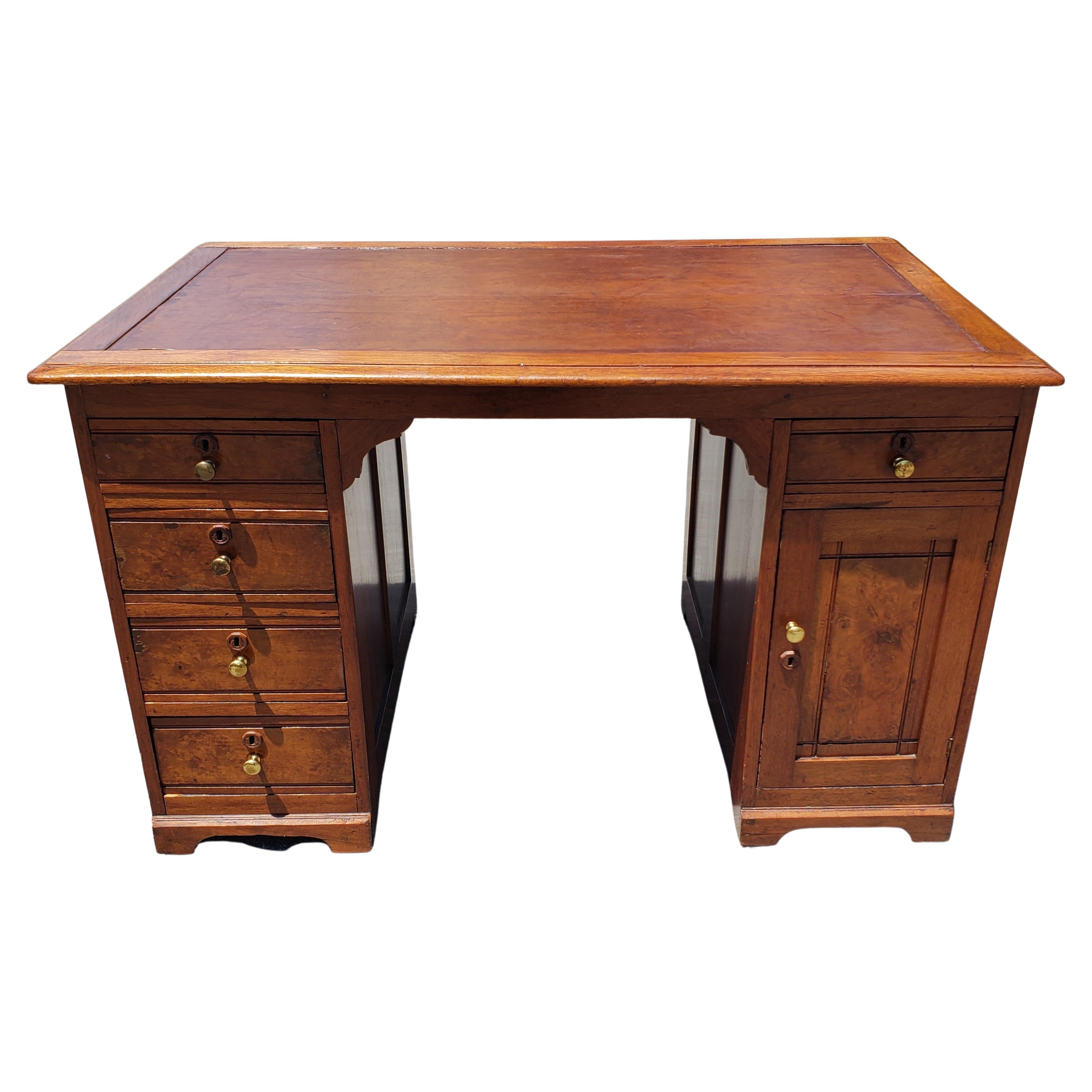 19th C. Refinished Regency Walnut and Maple w/ Tooled Leather Top Partners Desk For Sale