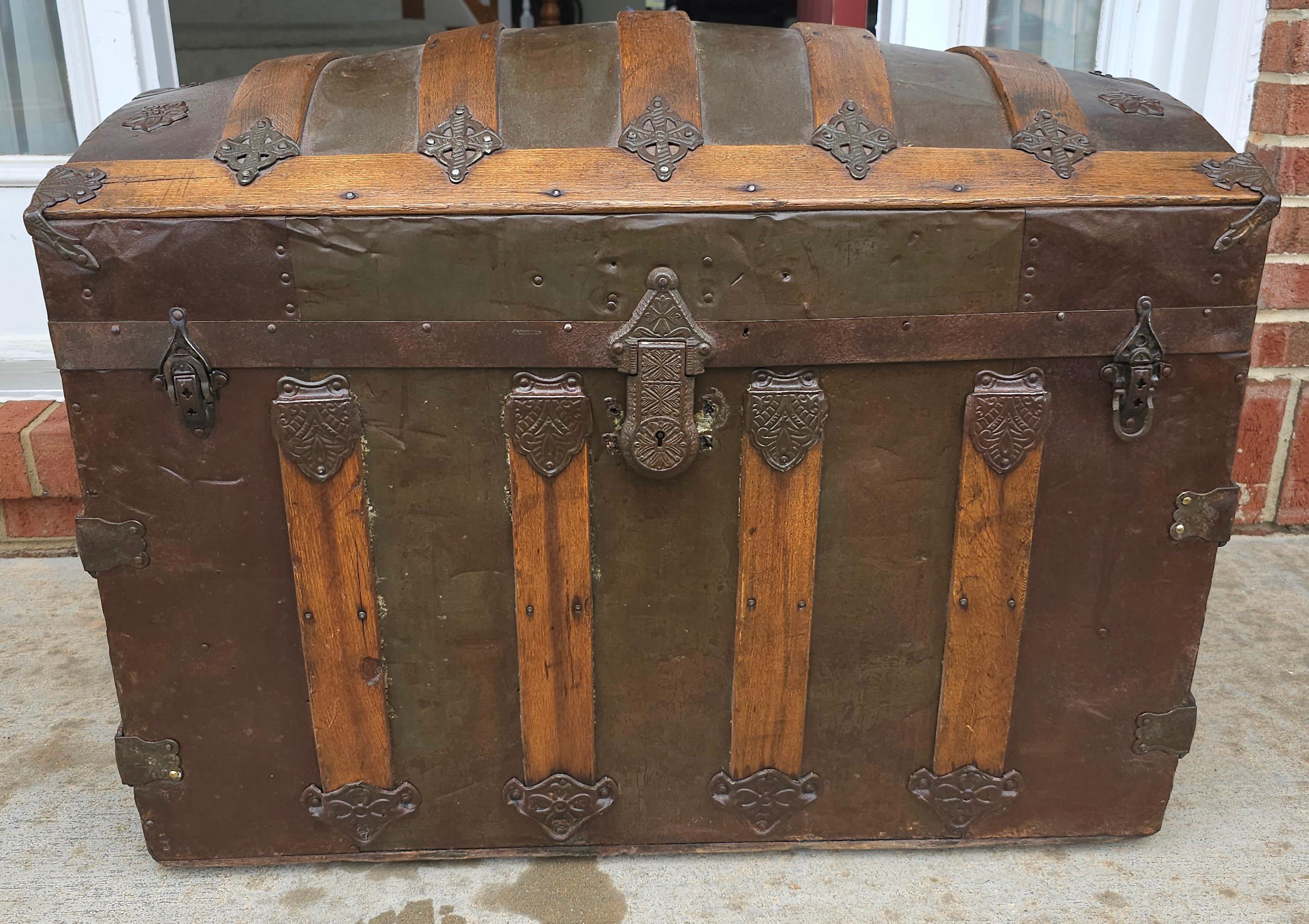 19th C. Refurbished and ReUpholstered Dome Top Metal & Wood Bound Blanket Chest For Sale 6