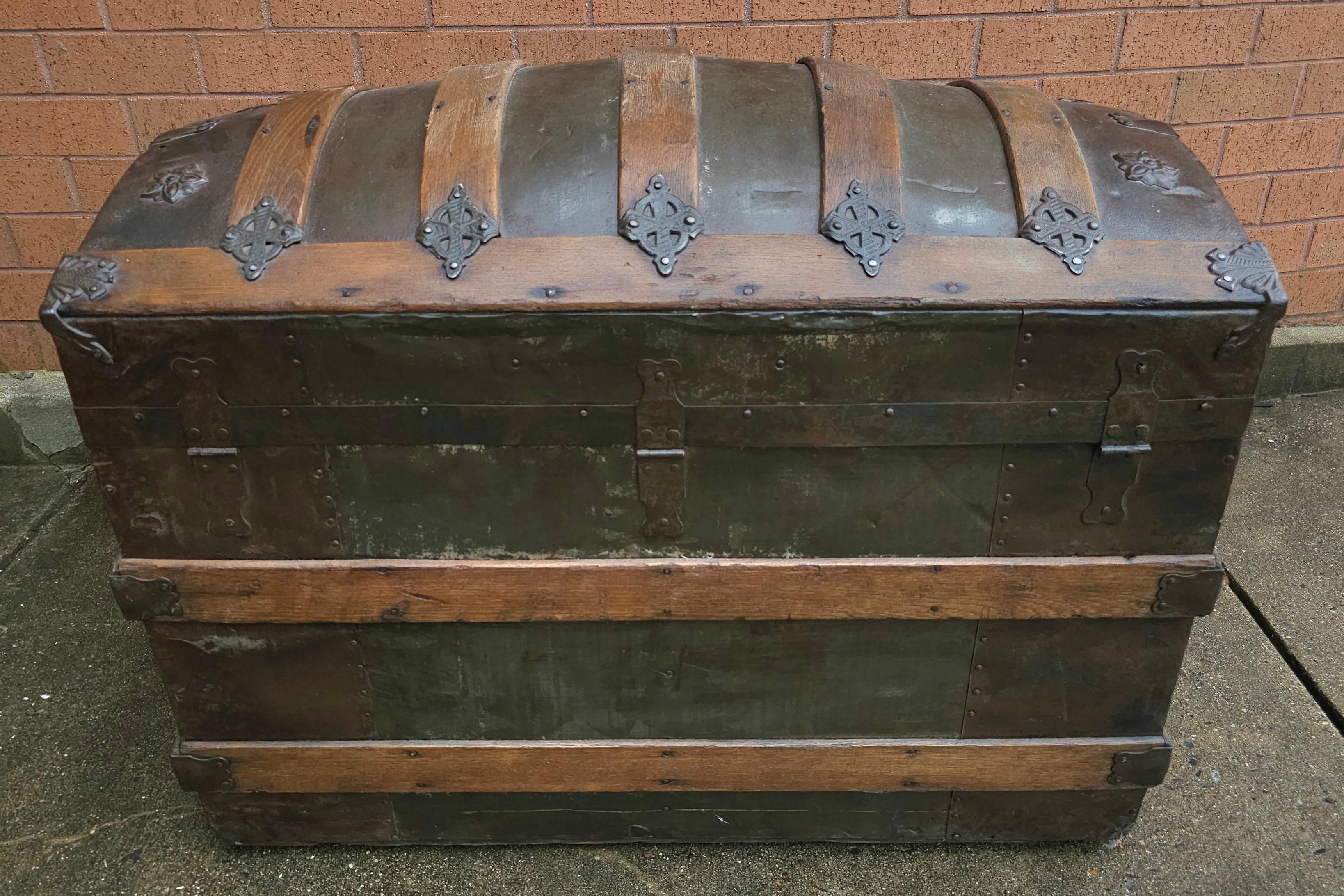 American Colonial 19th C. Refurbished and ReUpholstered Dome Top Metal & Wood Bound Blanket Chest For Sale