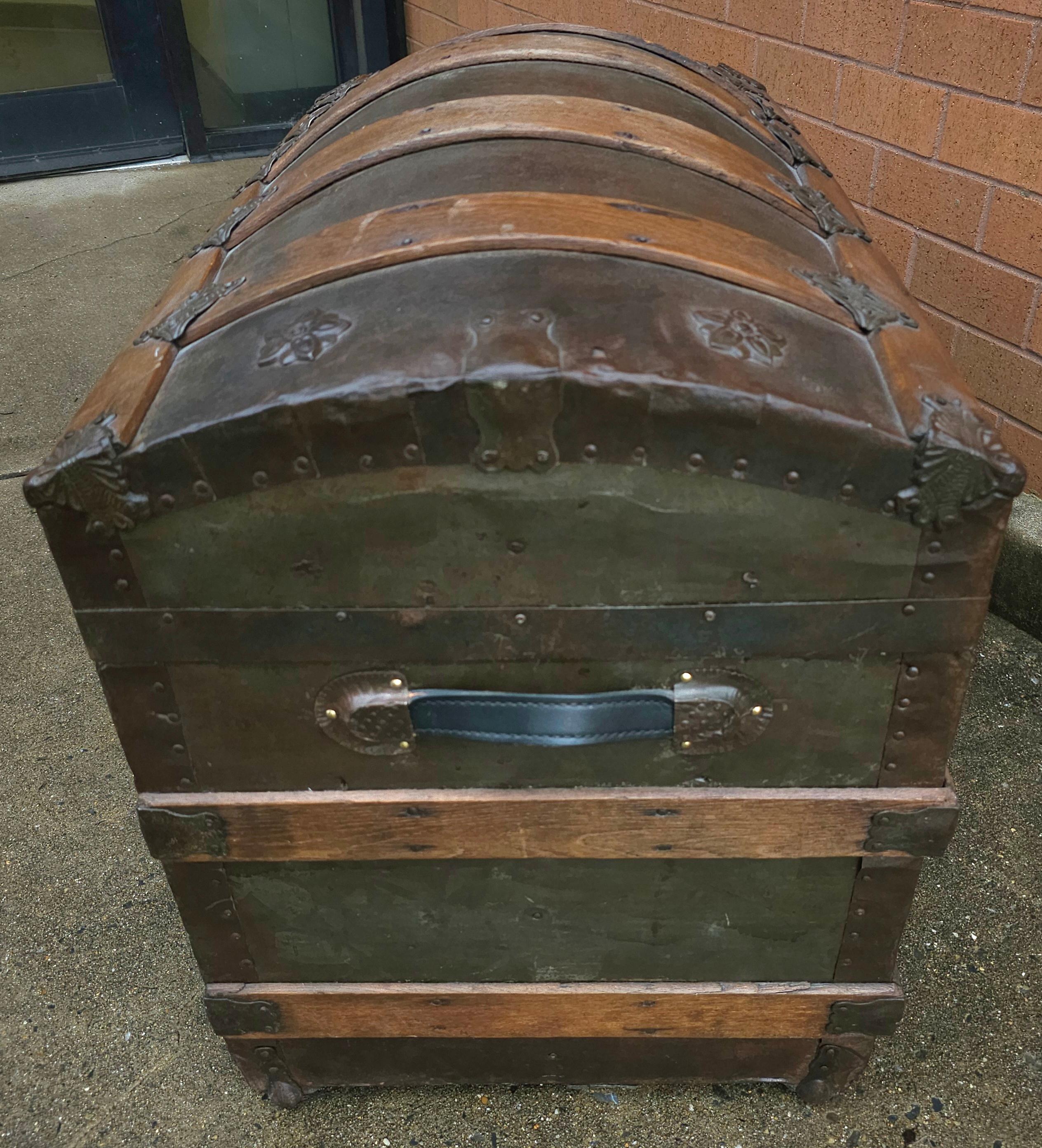 American 19th C. Refurbished and ReUpholstered Dome Top Metal & Wood Bound Blanket Chest For Sale