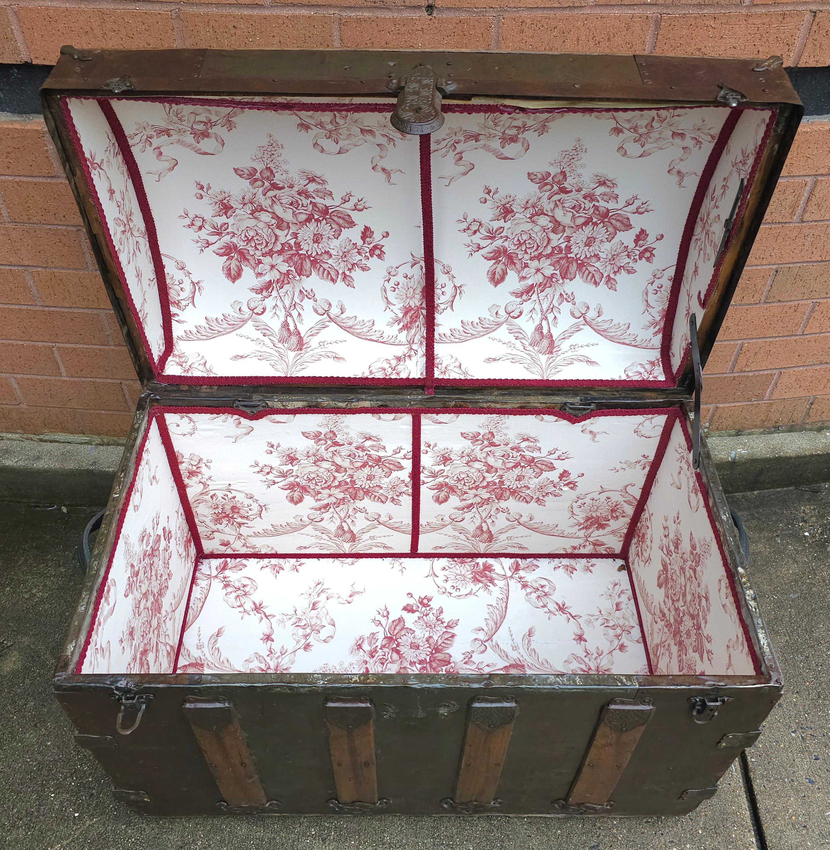 19th C. Refurbished and ReUpholstered Dome Top Metal & Wood Bound Blanket Chest In Good Condition For Sale In Germantown, MD