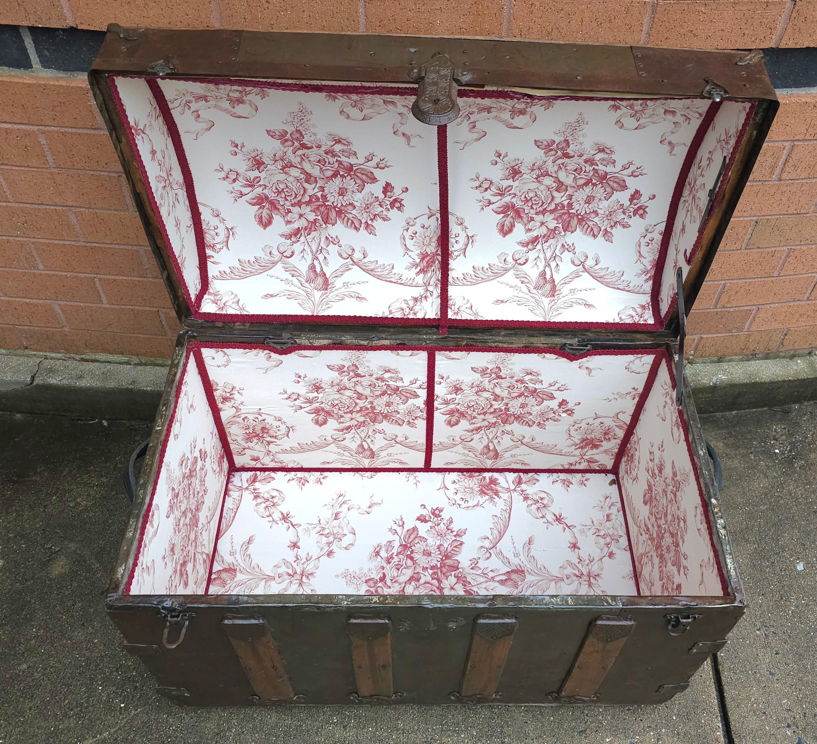 19th Century 19th C. Refurbished and ReUpholstered Dome Top Metal & Wood Bound Blanket Chest For Sale