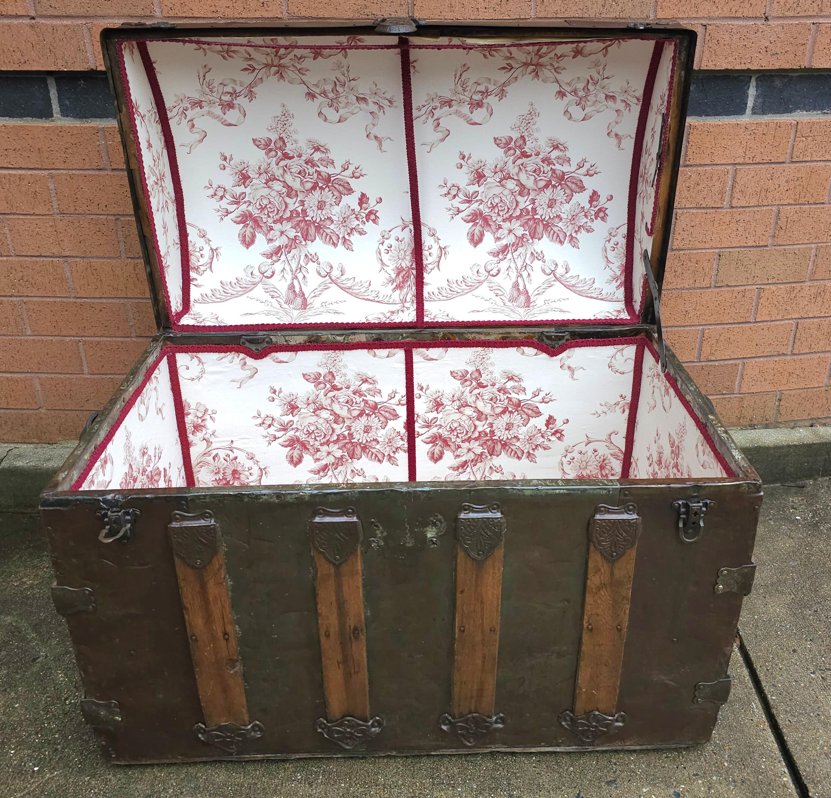 19th C. Refurbished and ReUpholstered Dome Top Metal & Wood Bound Blanket Chest For Sale 1