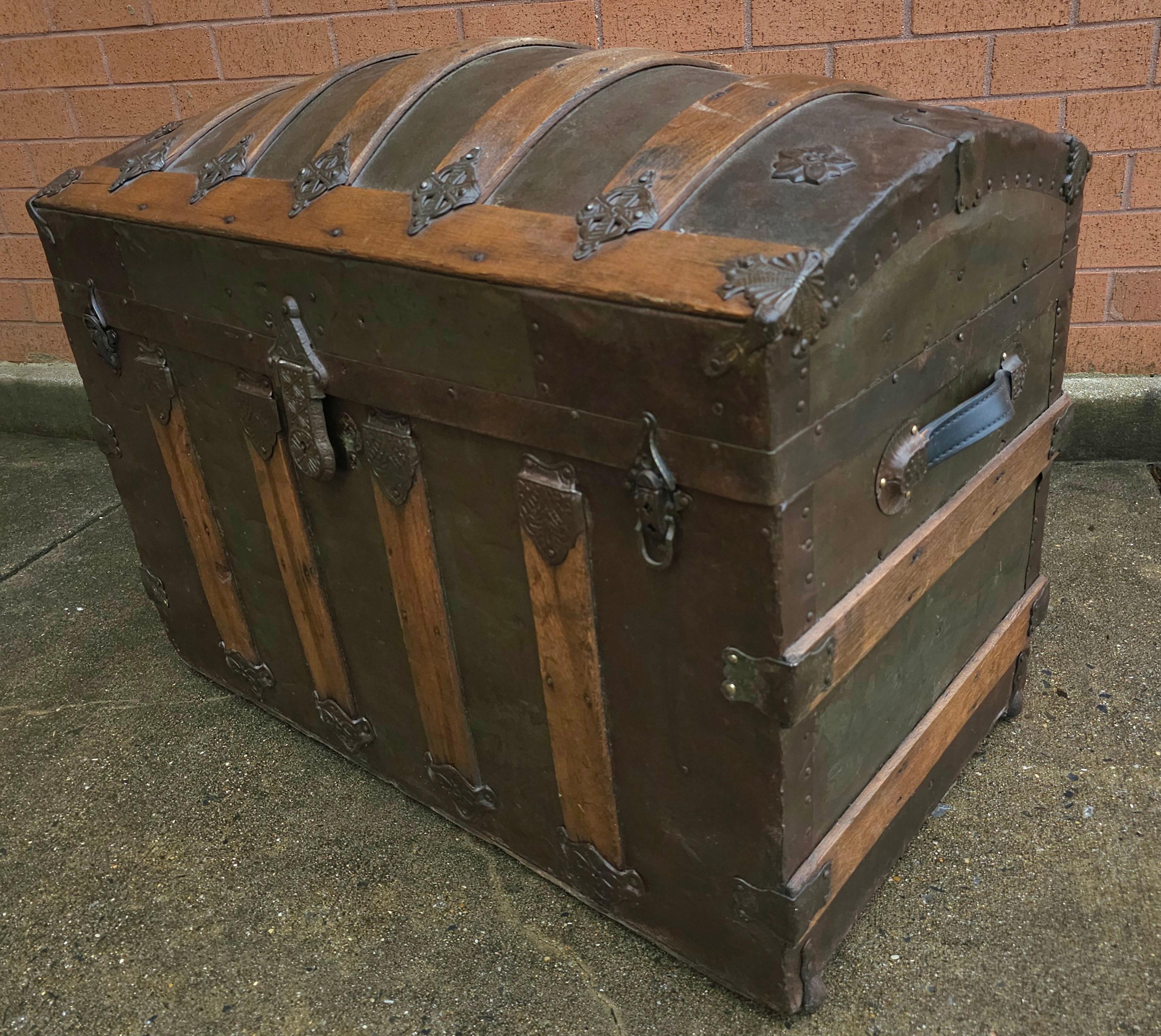 19th C. Refurbished and ReUpholstered Dome Top Metal & Wood Bound Blanket Chest For Sale 2