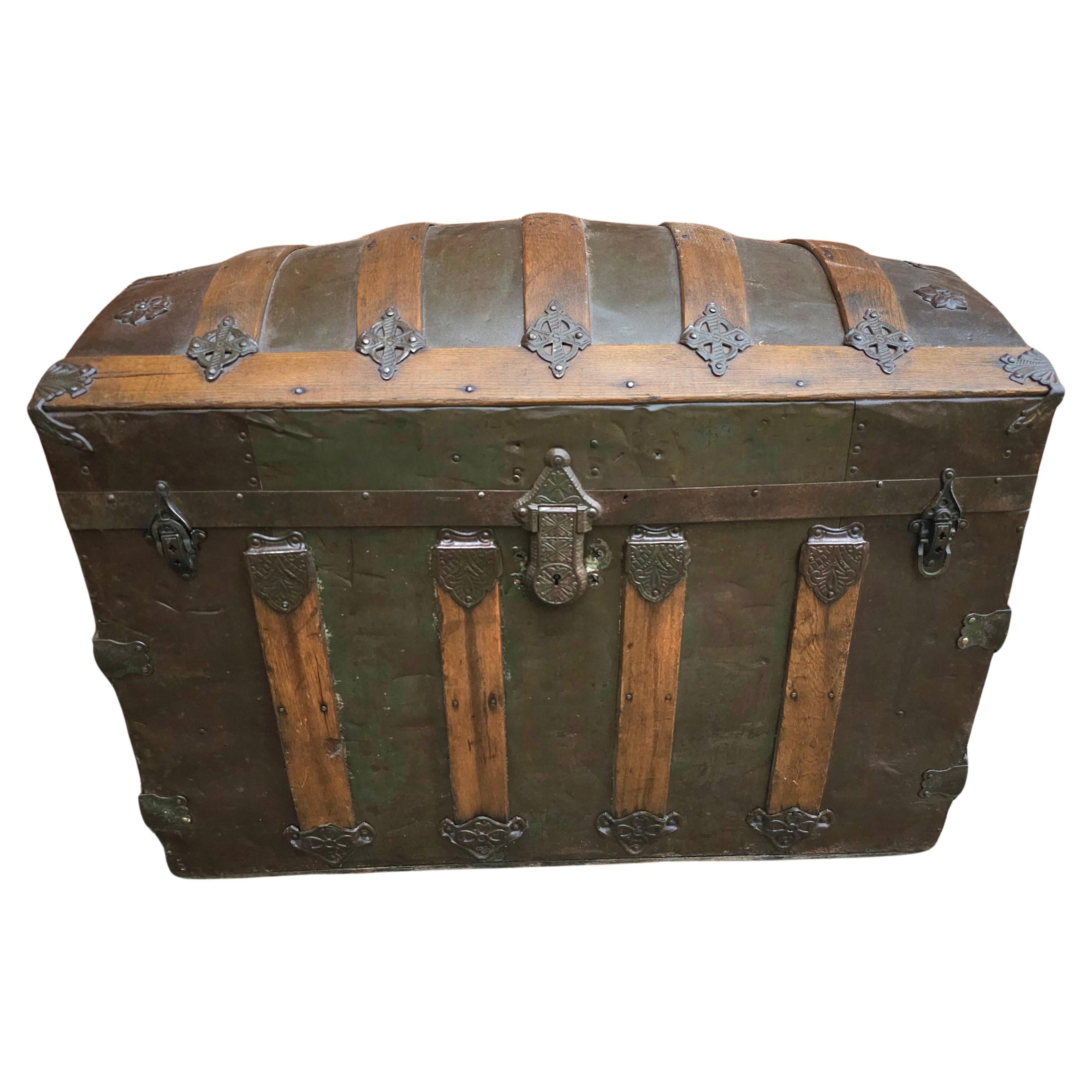 19th C. Refurbished and ReUpholstered Dome Top Metal & Wood Bound Blanket Chest For Sale