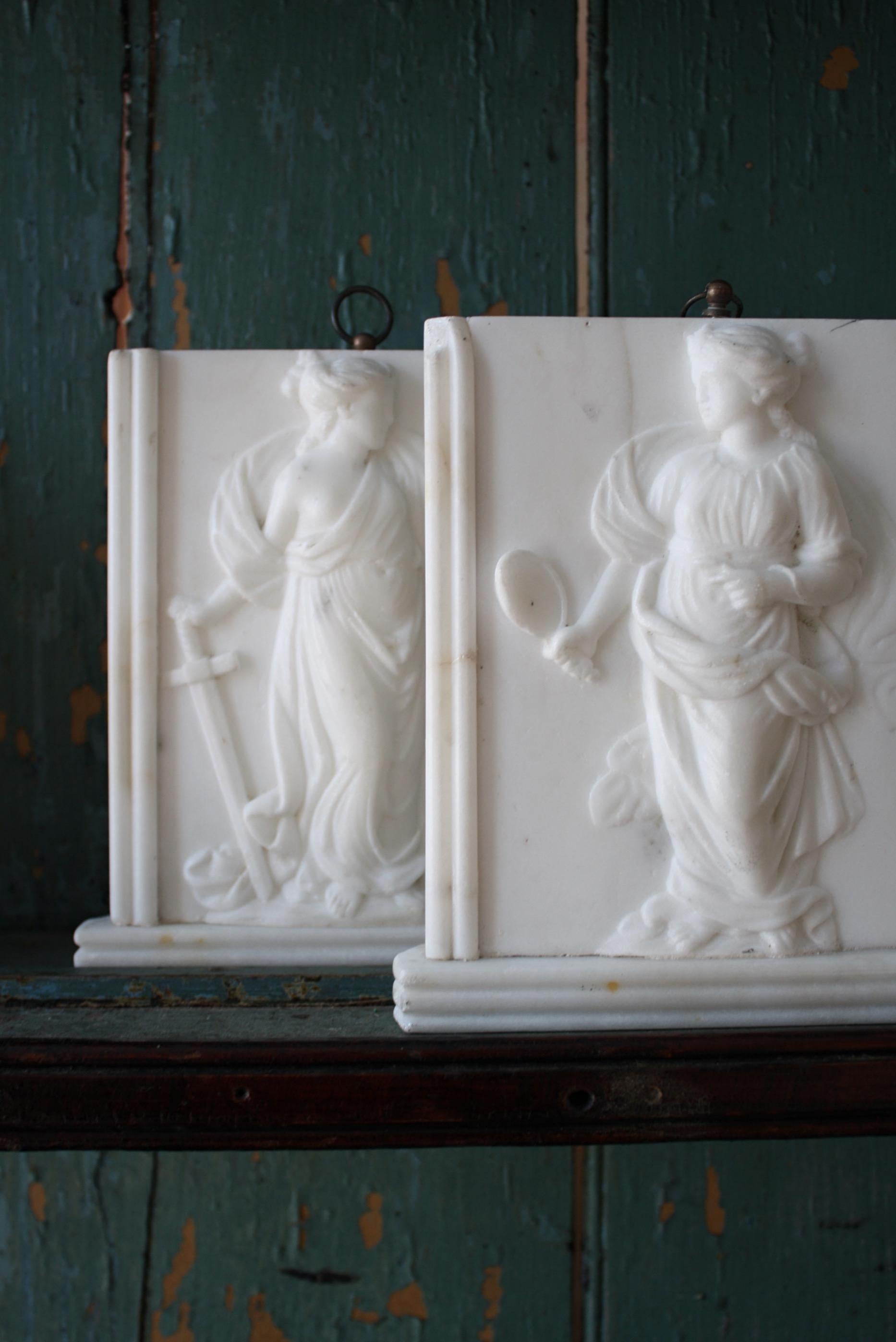 English 19th C Regency Adam Style Veritas & Themis Marble Goddess Tablets Grand Tour 