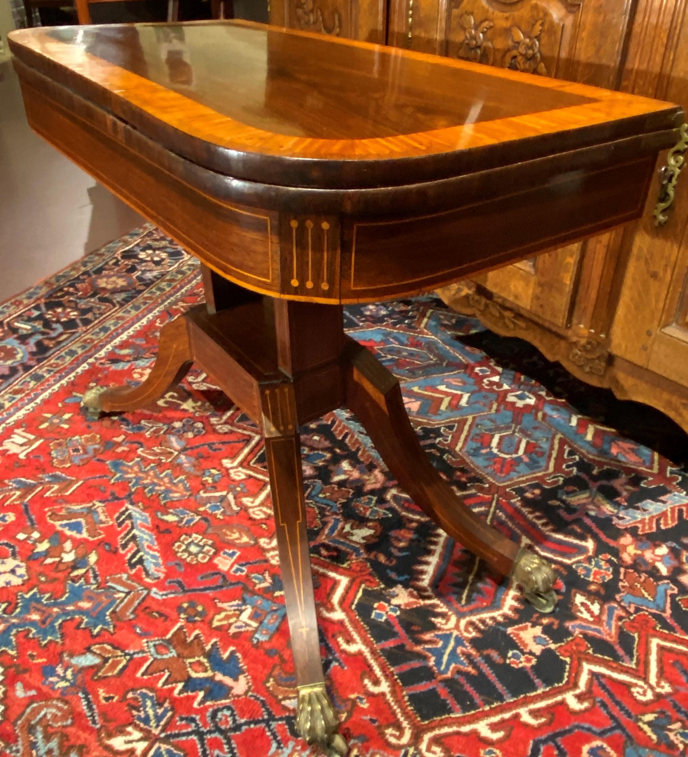 English 19th C Regency Banded Gaming Table in Rosewood with Baize Interior