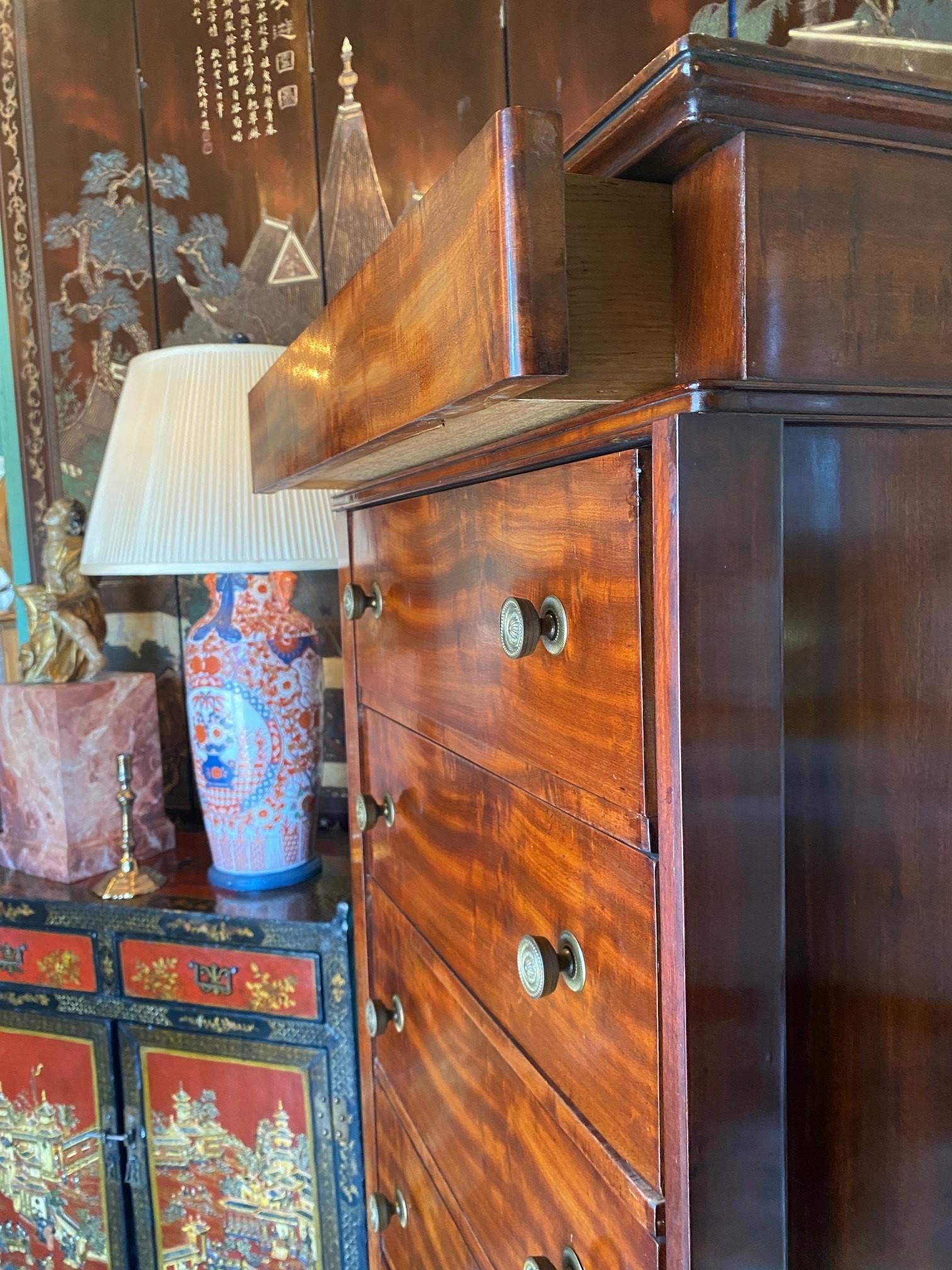 Brass 19th C. Regency Mahogany Chiffonier Tall Chest of Drawers Filing Cabinet Antique For Sale