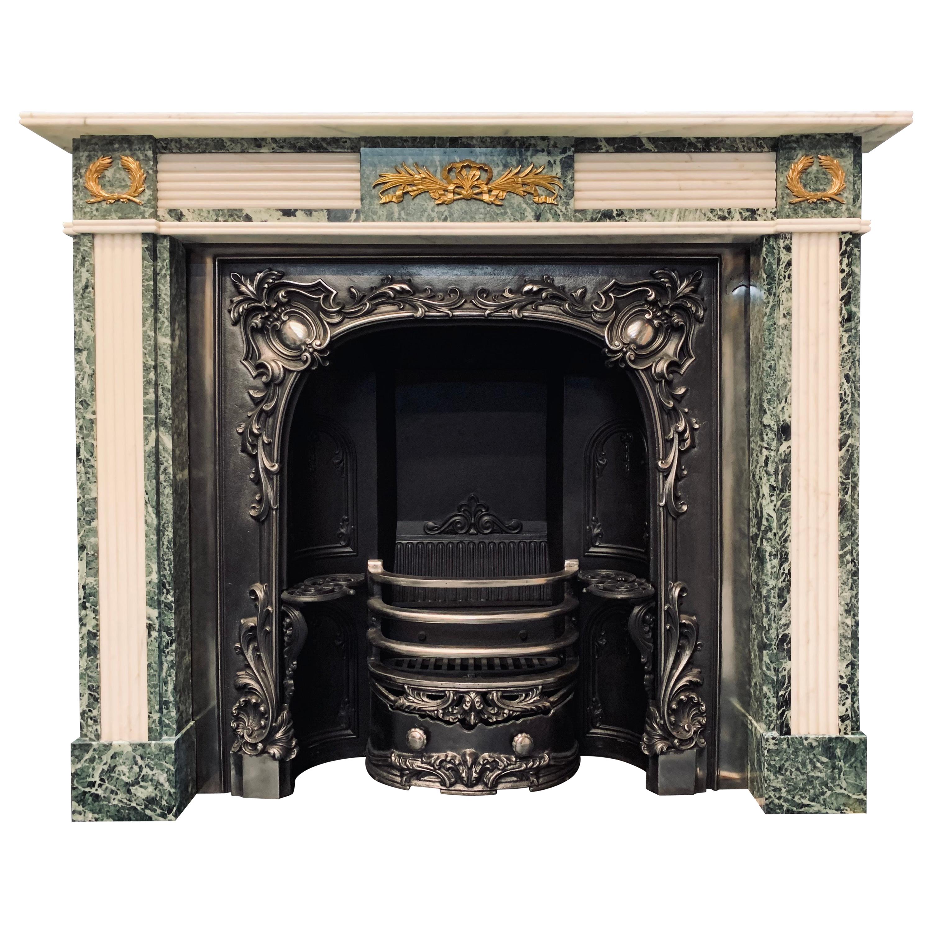 19th C Regency Style Verde Tinos Marble Fireplace Surround with Ormolu Mounts For Sale