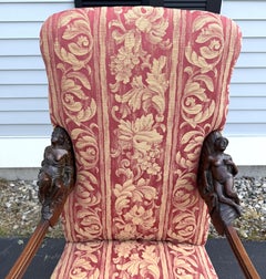 19th c Renaissance Revival Walnut Rococo Style Upholstered Arm Chair w/ Figures