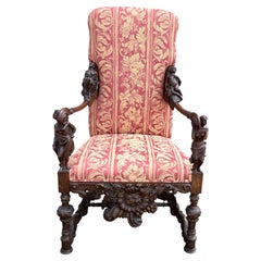 19th c Renaissance Revival Walnut Rococo Style Upholstered Arm Chair w/ Figures