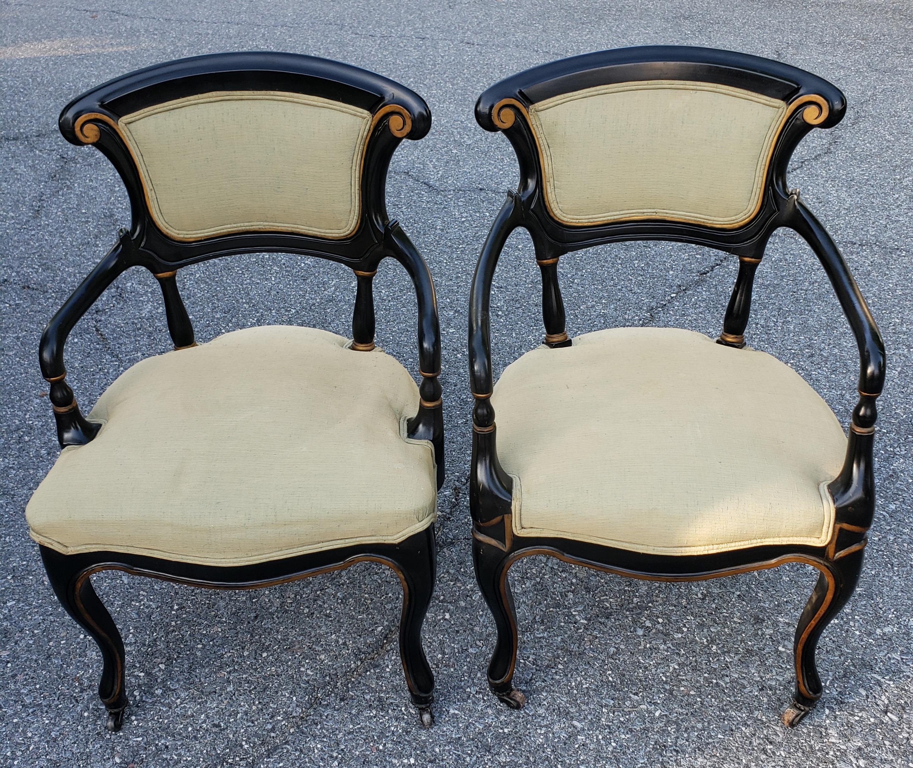 19th C. Rococo Gustavian Ebonized and Partial Gilt Upholstered ArmChairs, Pair For Sale 4