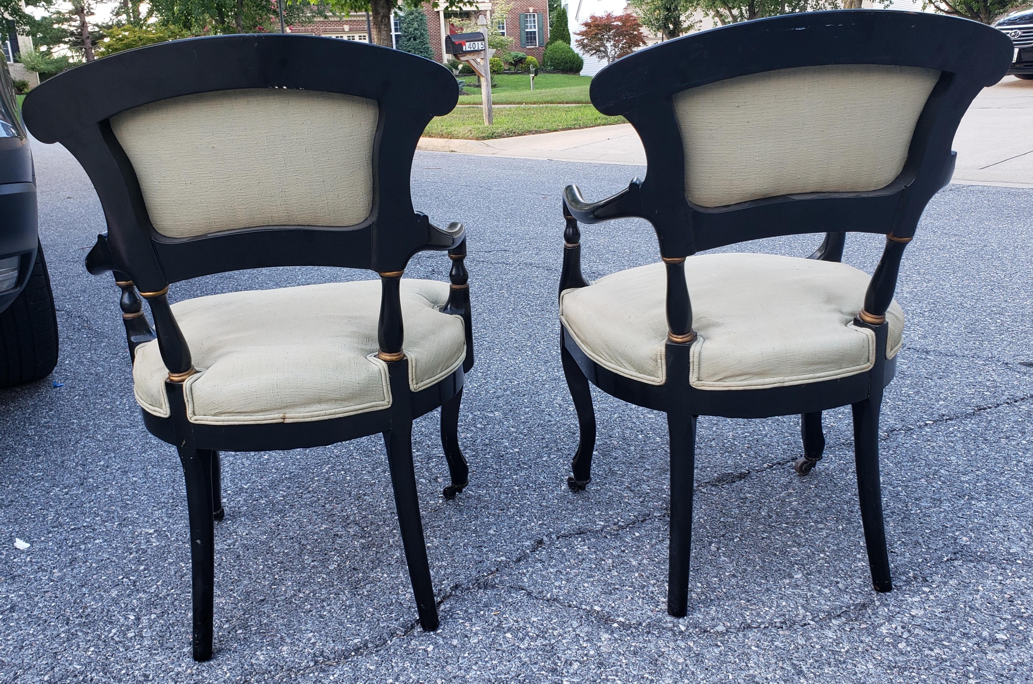 19th C. Rococo Gustavian Ebonized and Partial Gilt Upholstered ArmChairs, Pair For Sale 5