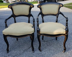 19th C. Rococo Gustavian Ebonized and Partial Gilt Upholstered ArmChairs, Pair
